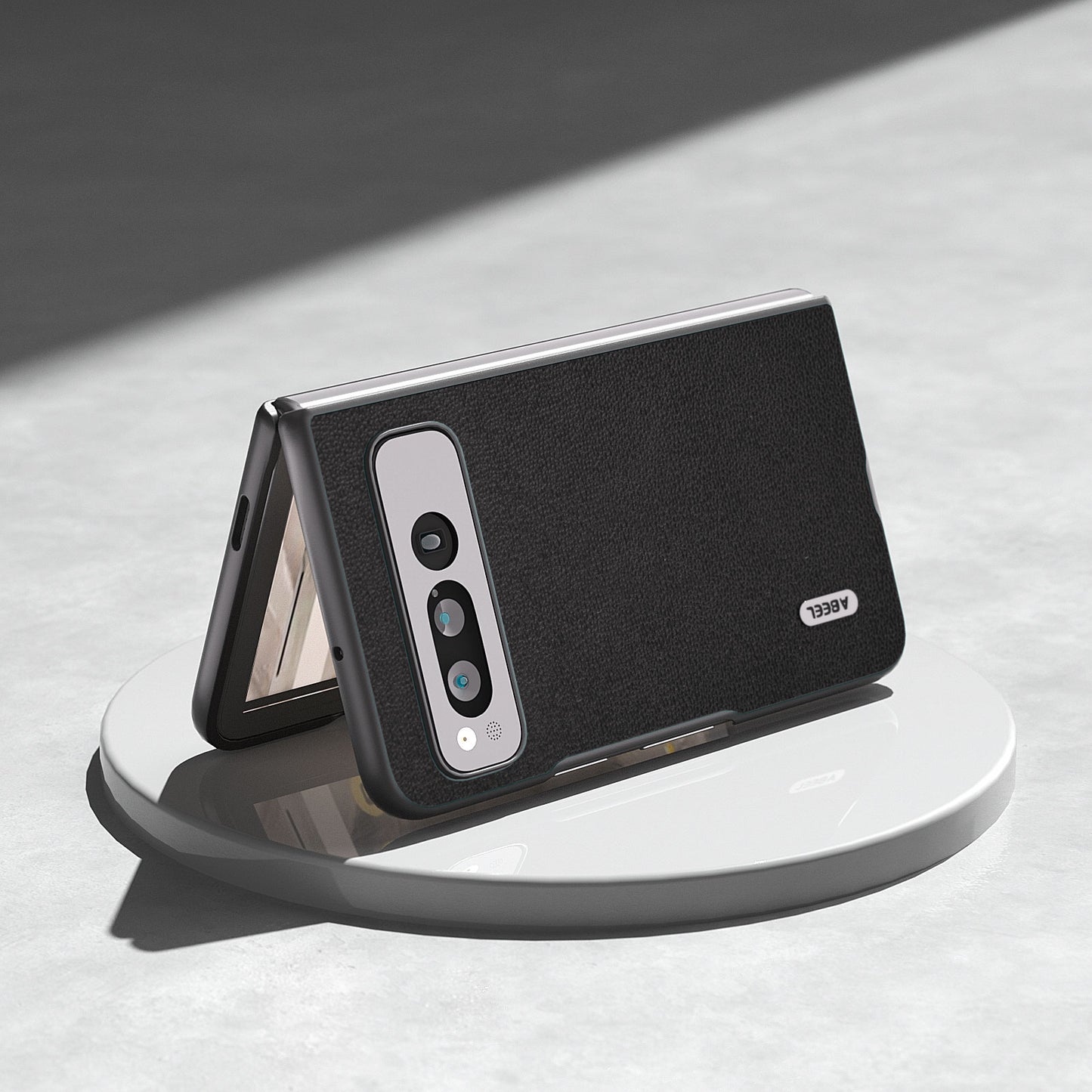 Uniqkart for Google Pixel Fold Protective Cover Genuine Cow Leather + PC Litchi Texture Phone Case - Black