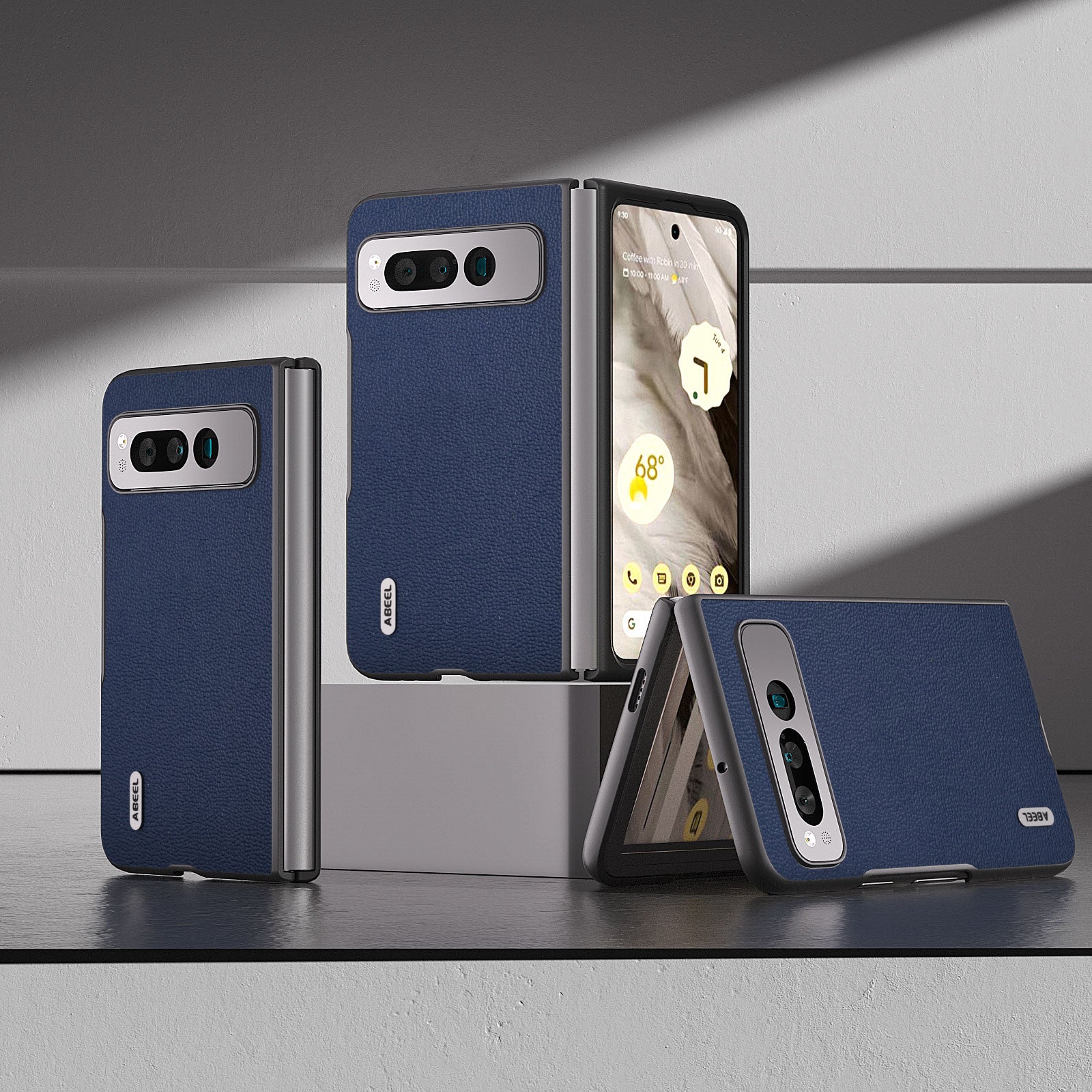 Uniqkart for Google Pixel Fold Protective Cover Genuine Cow Leather + PC Litchi Texture Phone Case - Blue