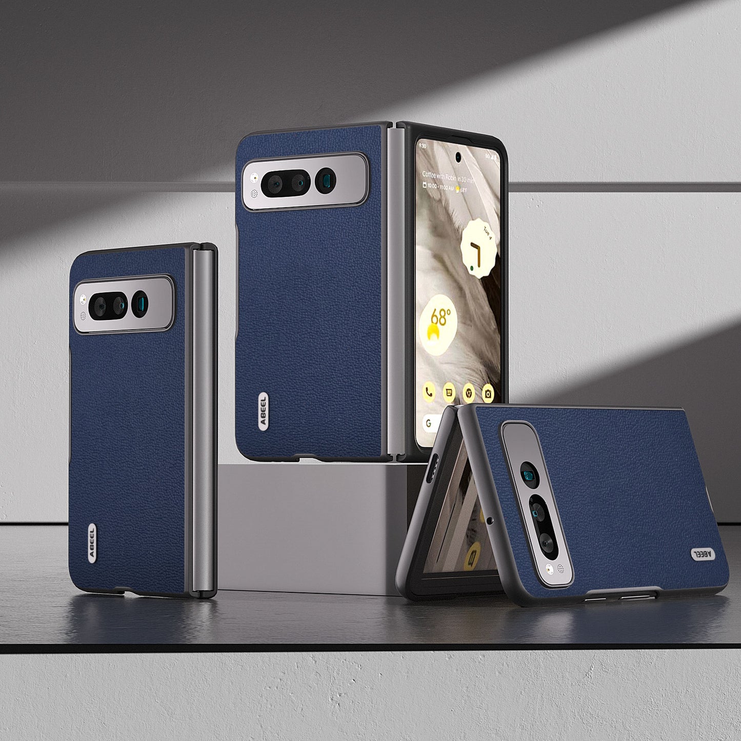 Uniqkart for Google Pixel Fold Protective Cover Genuine Cow Leather + PC Litchi Texture Phone Case - Blue