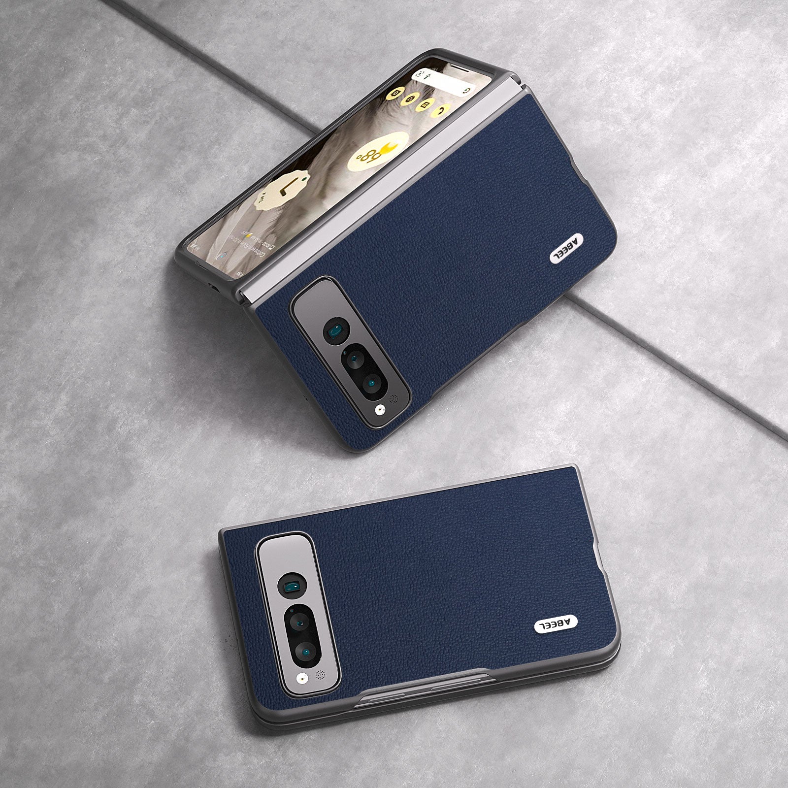Uniqkart for Google Pixel Fold Protective Cover Genuine Cow Leather + PC Litchi Texture Phone Case - Blue