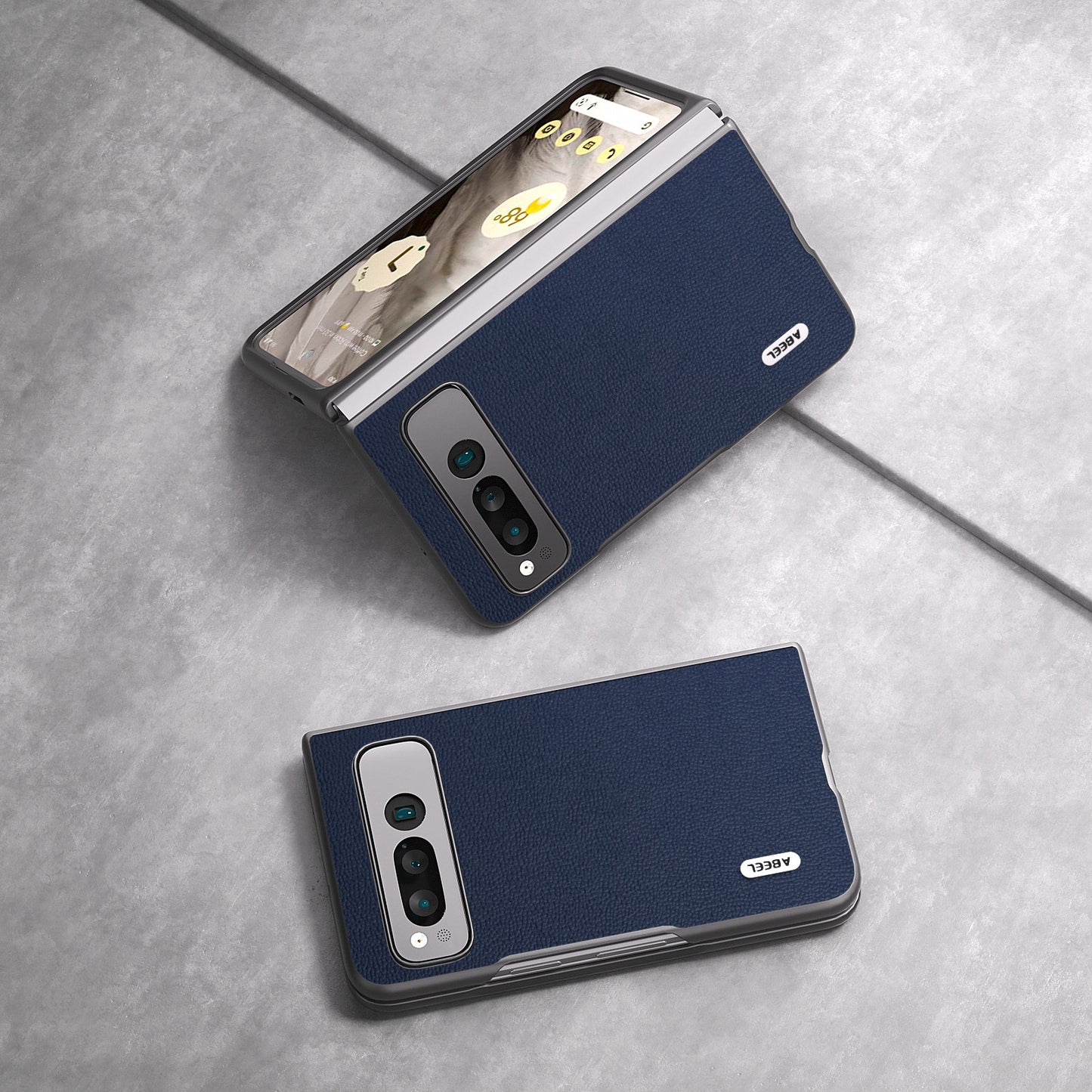 Uniqkart for Google Pixel Fold Protective Cover Genuine Cow Leather + PC Litchi Texture Phone Case - Blue