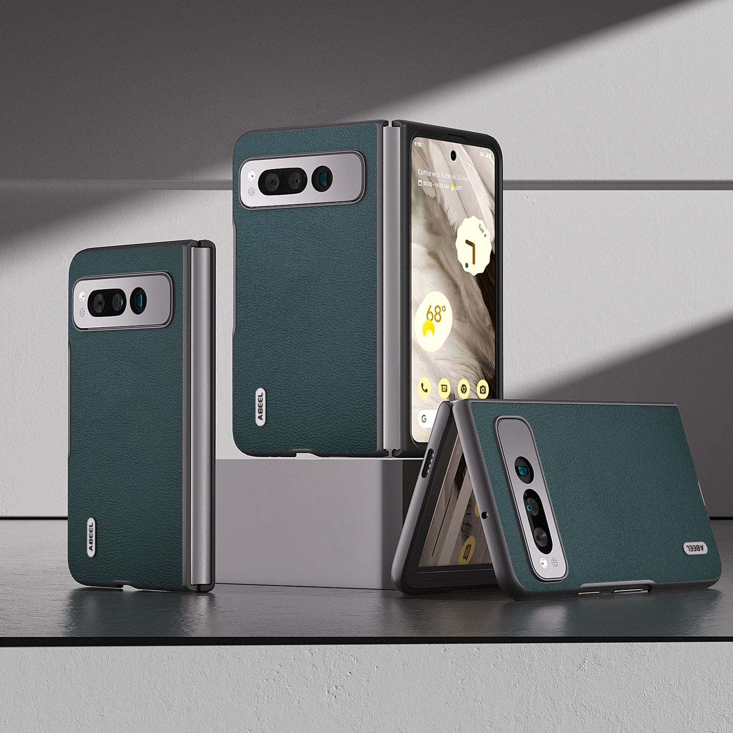 Uniqkart for Google Pixel Fold Protective Cover Genuine Cow Leather + PC Litchi Texture Phone Case - Midnight Green