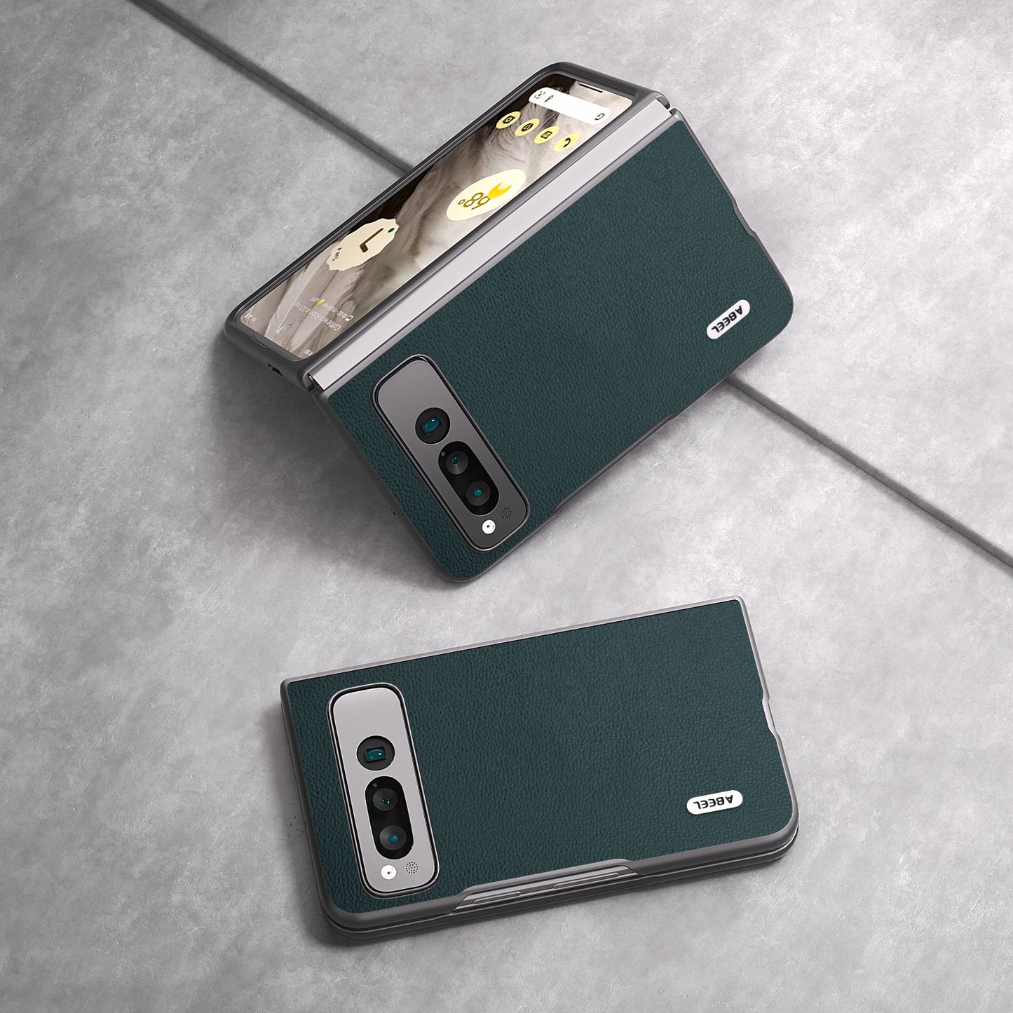 Uniqkart for Google Pixel Fold Protective Cover Genuine Cow Leather + PC Litchi Texture Phone Case - Midnight Green