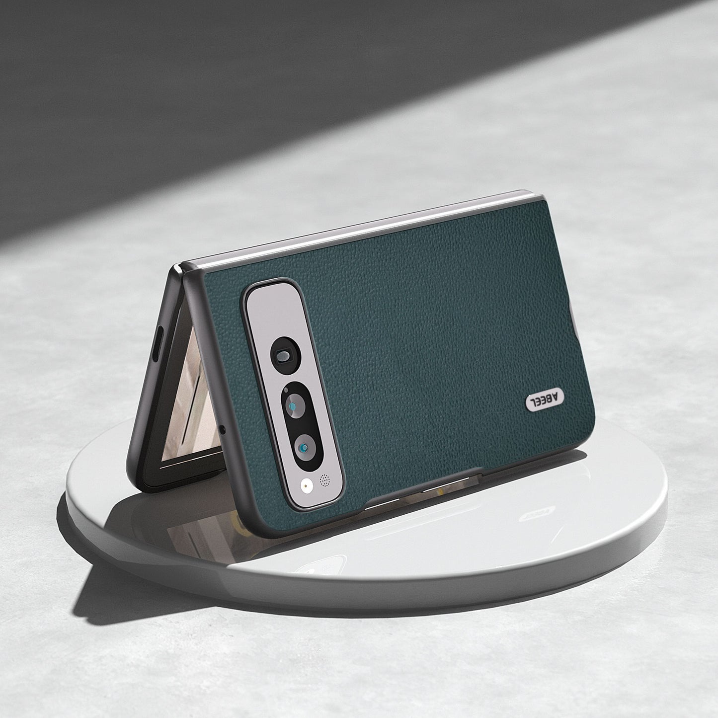 Uniqkart for Google Pixel Fold Protective Cover Genuine Cow Leather + PC Litchi Texture Phone Case - Midnight Green