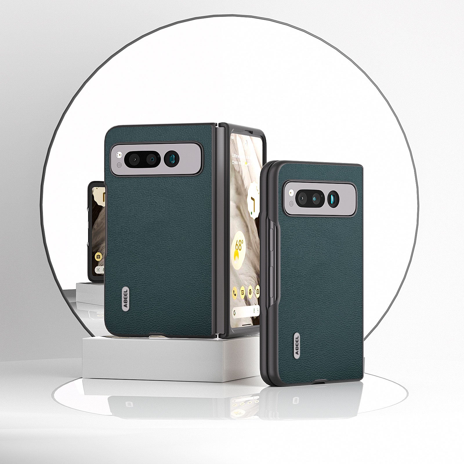 Uniqkart for Google Pixel Fold Protective Cover Genuine Cow Leather + PC Litchi Texture Phone Case - Midnight Green