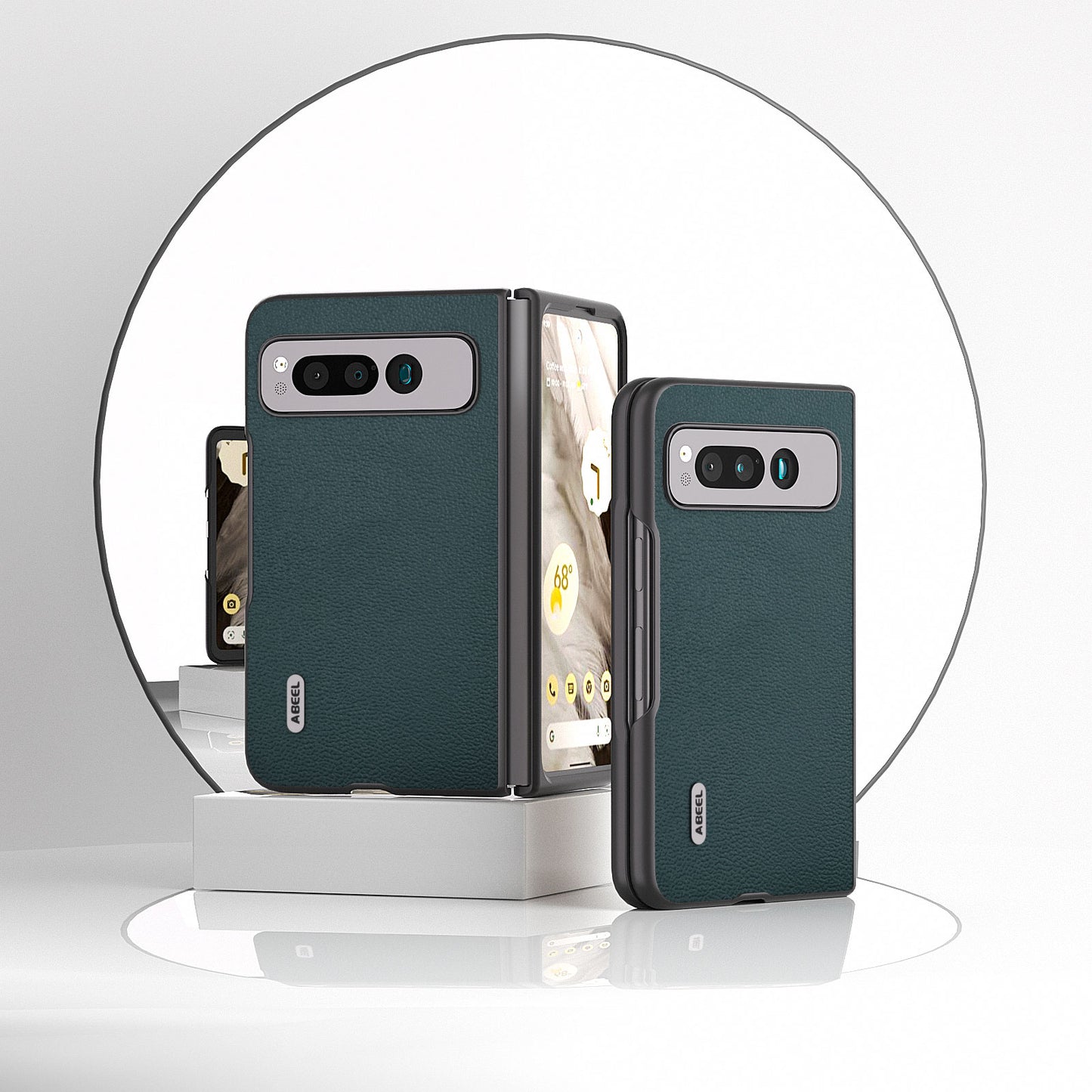 Uniqkart for Google Pixel Fold Protective Cover Genuine Cow Leather + PC Litchi Texture Phone Case - Midnight Green