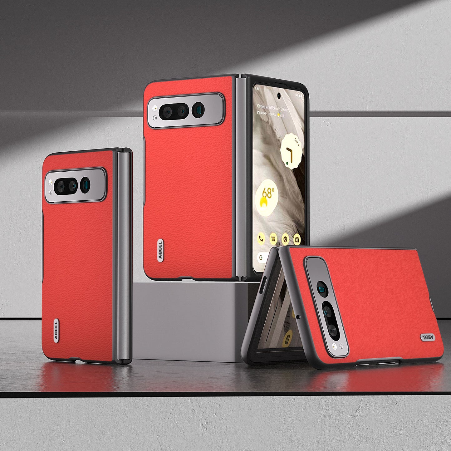 Uniqkart for Google Pixel Fold Protective Cover Genuine Cow Leather + PC Litchi Texture Phone Case - Red
