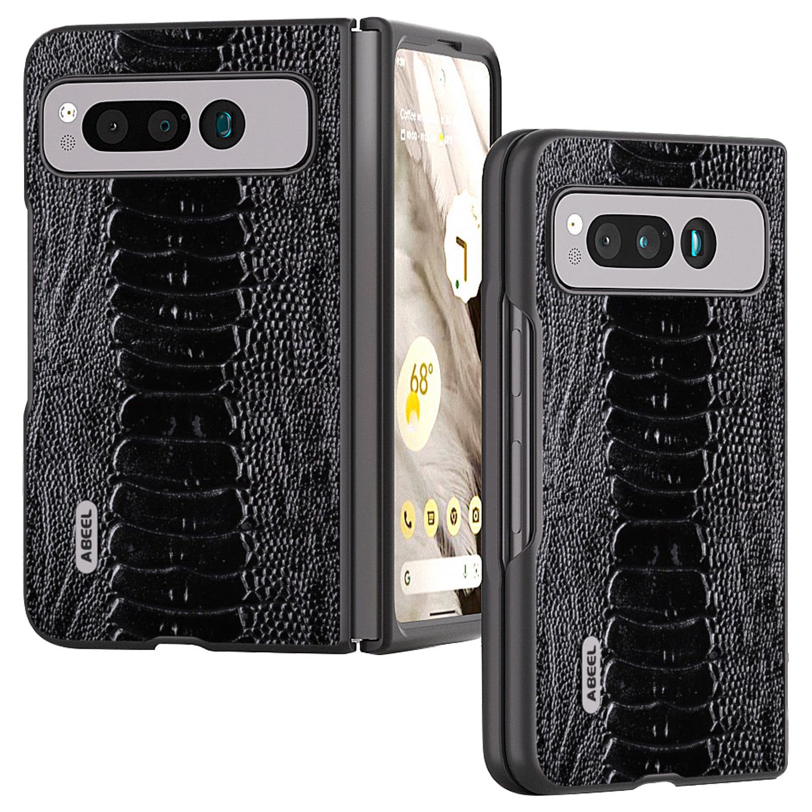 Uniqkart for Google Pixel Fold Crocodile Texture Phone Case Genuine Cow Leather+PC Anti-Fall Cover - Black