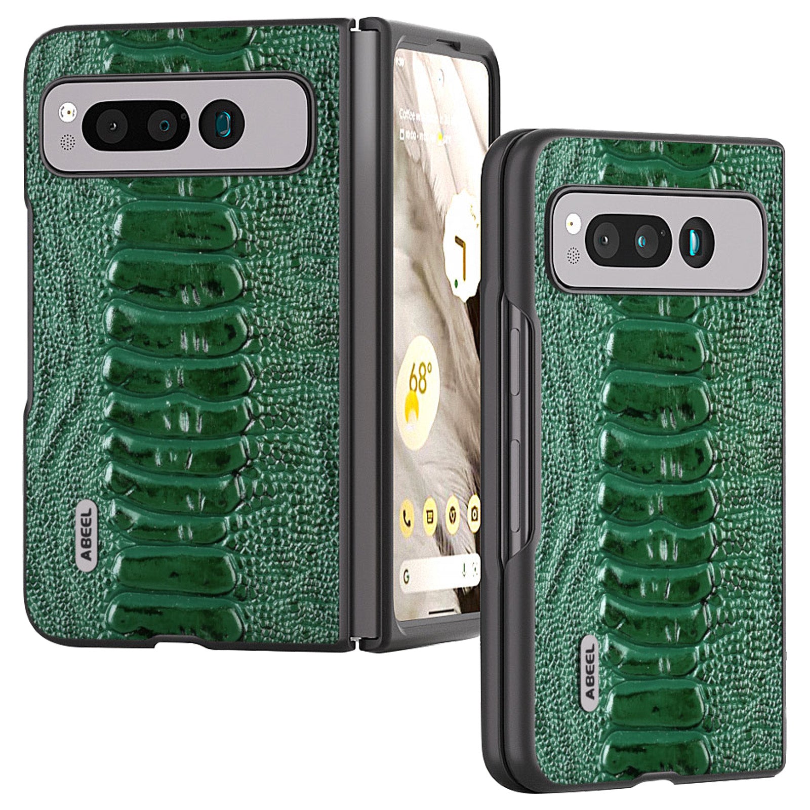 Uniqkart for Google Pixel Fold Crocodile Texture Phone Case Genuine Cow Leather+PC Anti-Fall Cover - Green