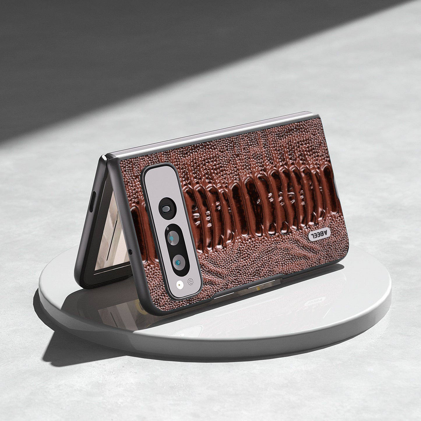 Uniqkart for Google Pixel Fold Crocodile Texture Phone Case Genuine Cow Leather+PC Anti-Fall Cover - Brown