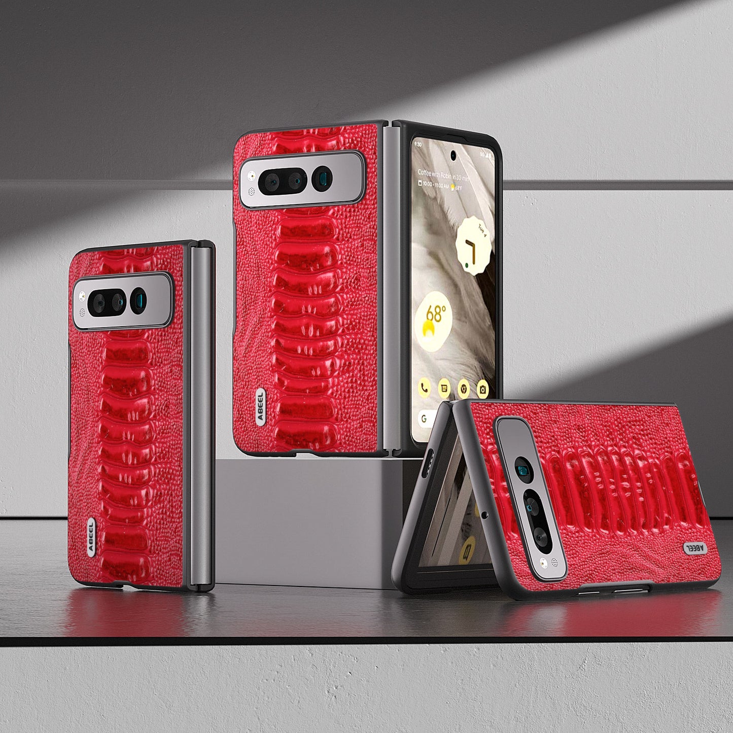 Uniqkart for Google Pixel Fold Crocodile Texture Phone Case Genuine Cow Leather+PC Anti-Fall Cover - Red