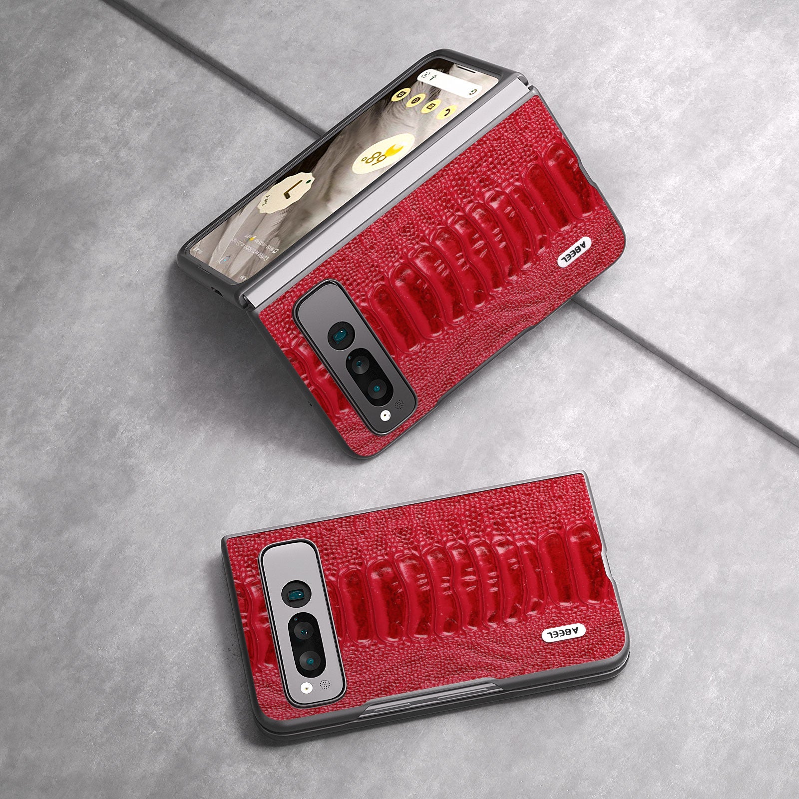 Uniqkart for Google Pixel Fold Crocodile Texture Phone Case Genuine Cow Leather+PC Anti-Fall Cover - Red