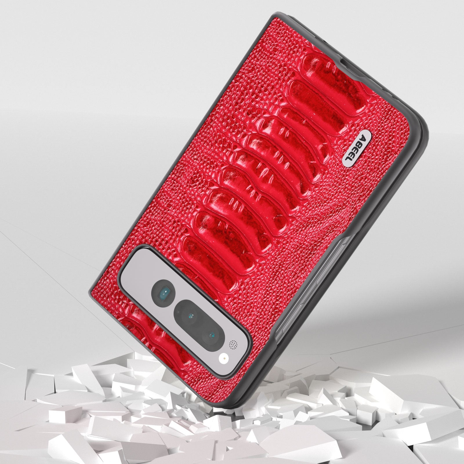 Uniqkart for Google Pixel Fold Crocodile Texture Phone Case Genuine Cow Leather+PC Anti-Fall Cover - Red