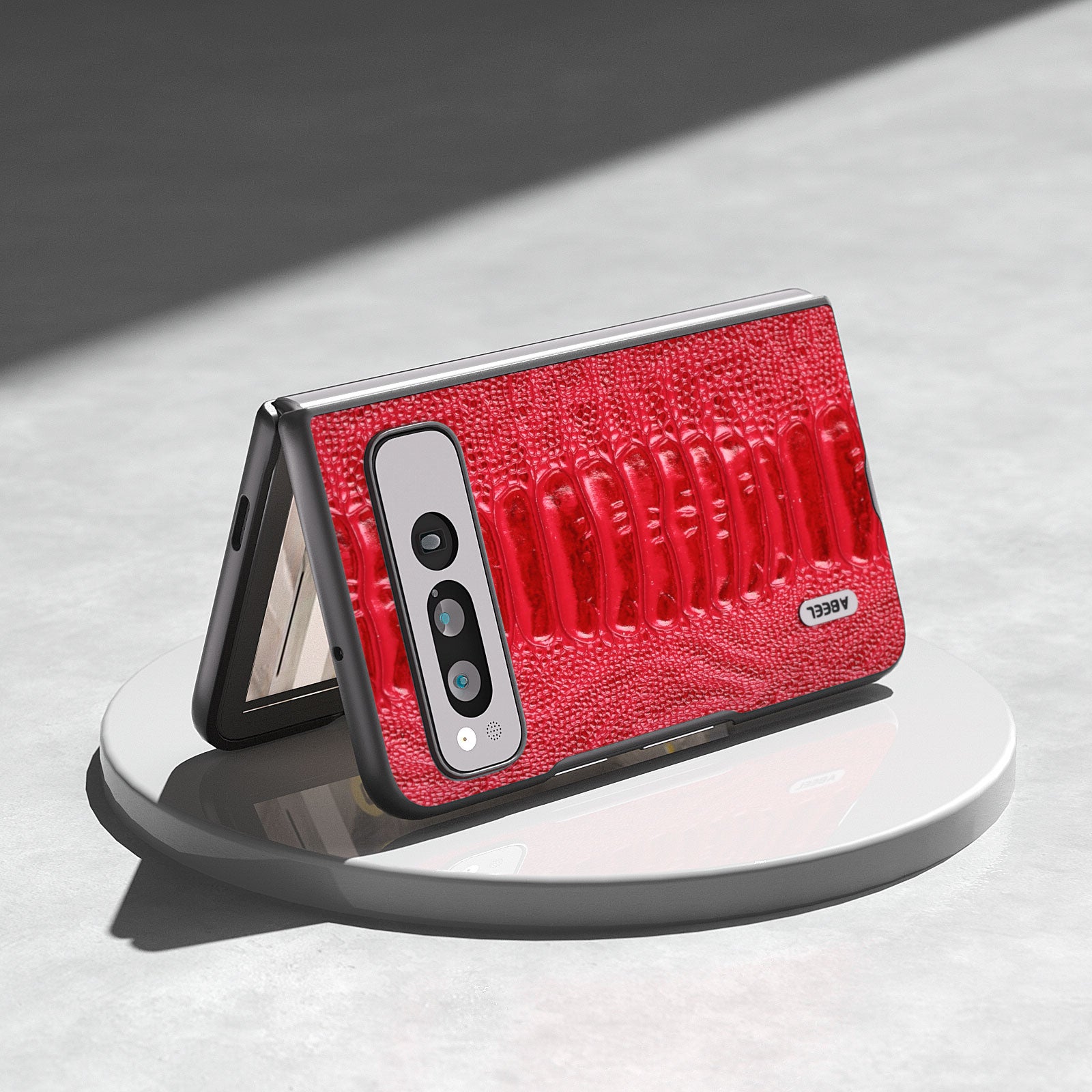 Uniqkart for Google Pixel Fold Crocodile Texture Phone Case Genuine Cow Leather+PC Anti-Fall Cover - Red