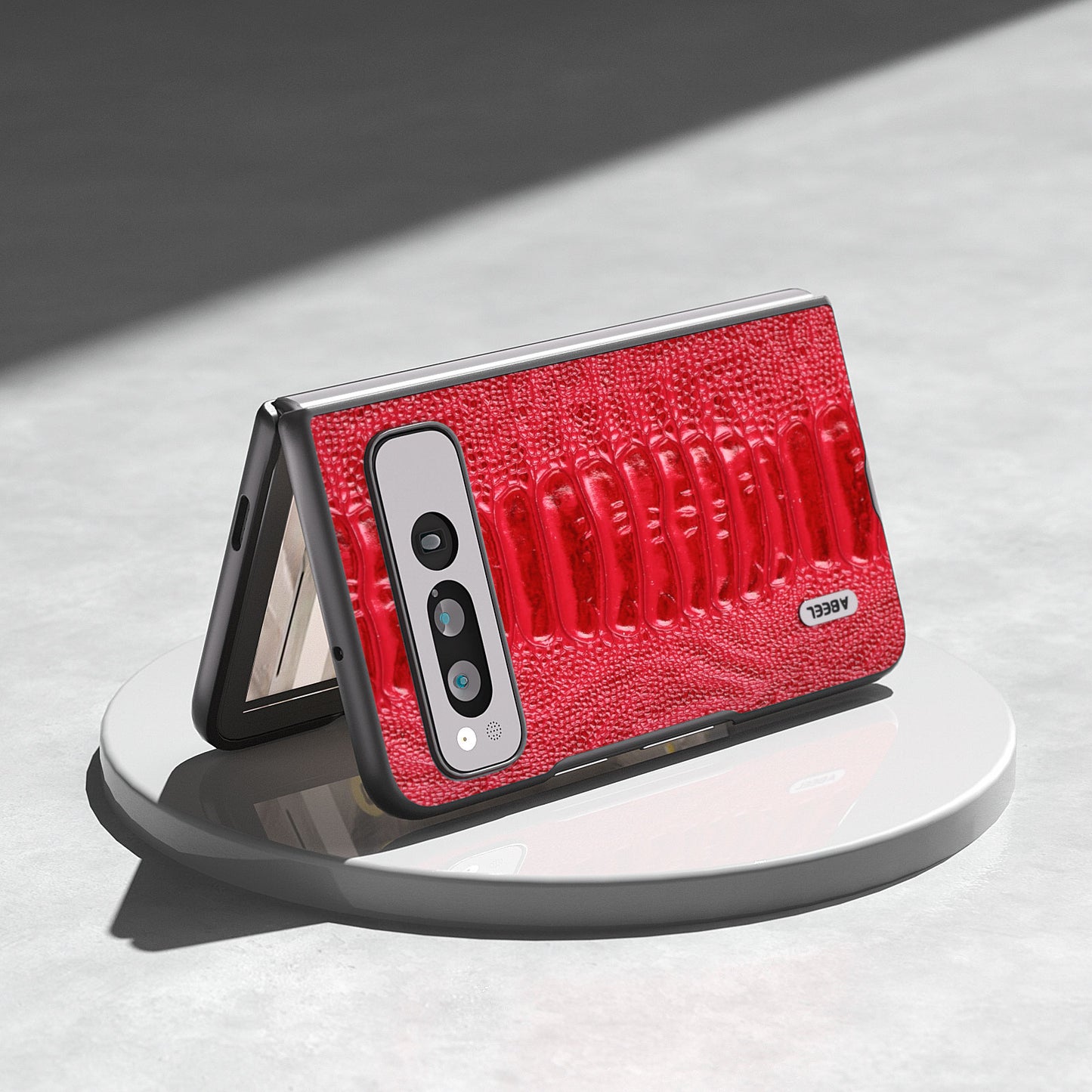 Uniqkart for Google Pixel Fold Crocodile Texture Phone Case Genuine Cow Leather+PC Anti-Fall Cover - Red