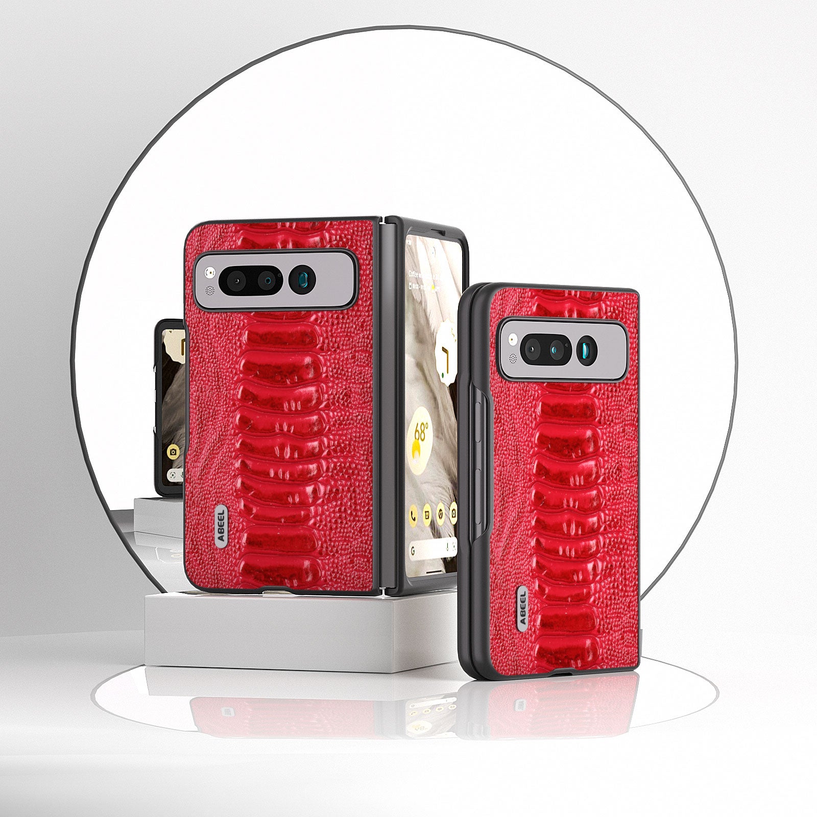 Uniqkart for Google Pixel Fold Crocodile Texture Phone Case Genuine Cow Leather+PC Anti-Fall Cover - Red