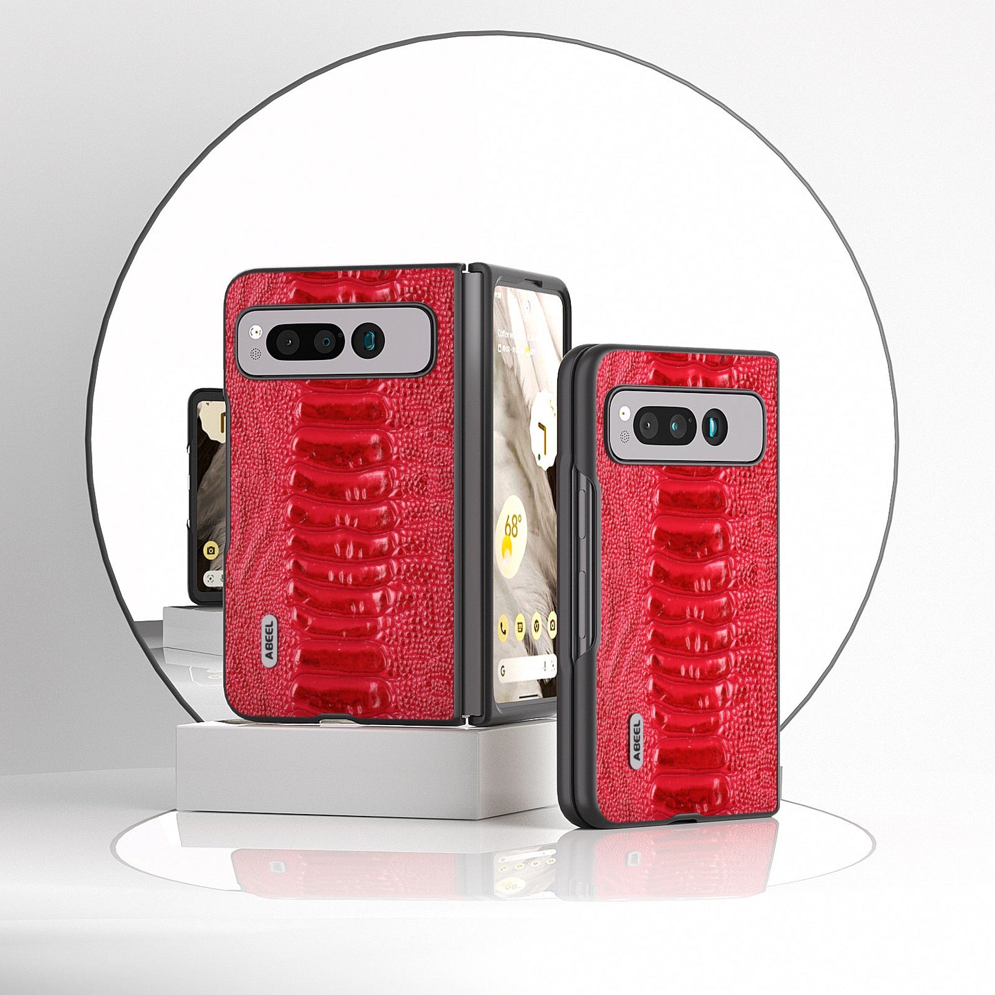 Uniqkart for Google Pixel Fold Crocodile Texture Phone Case Genuine Cow Leather+PC Anti-Fall Cover - Red