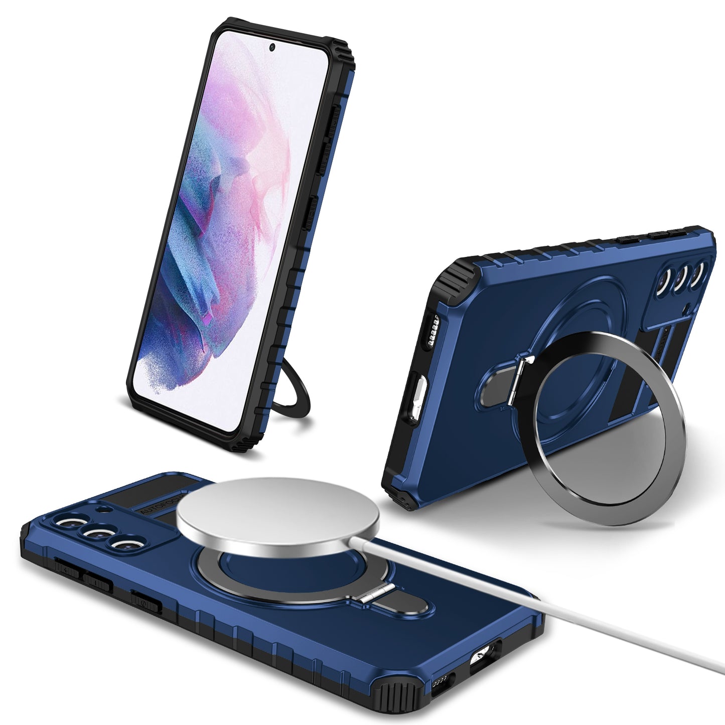 Uniqkart for Samsung Galaxy S21 5G Magnetic Kickstand Phone Case PC+TPU Hybrid Shockproof Cover - Blue