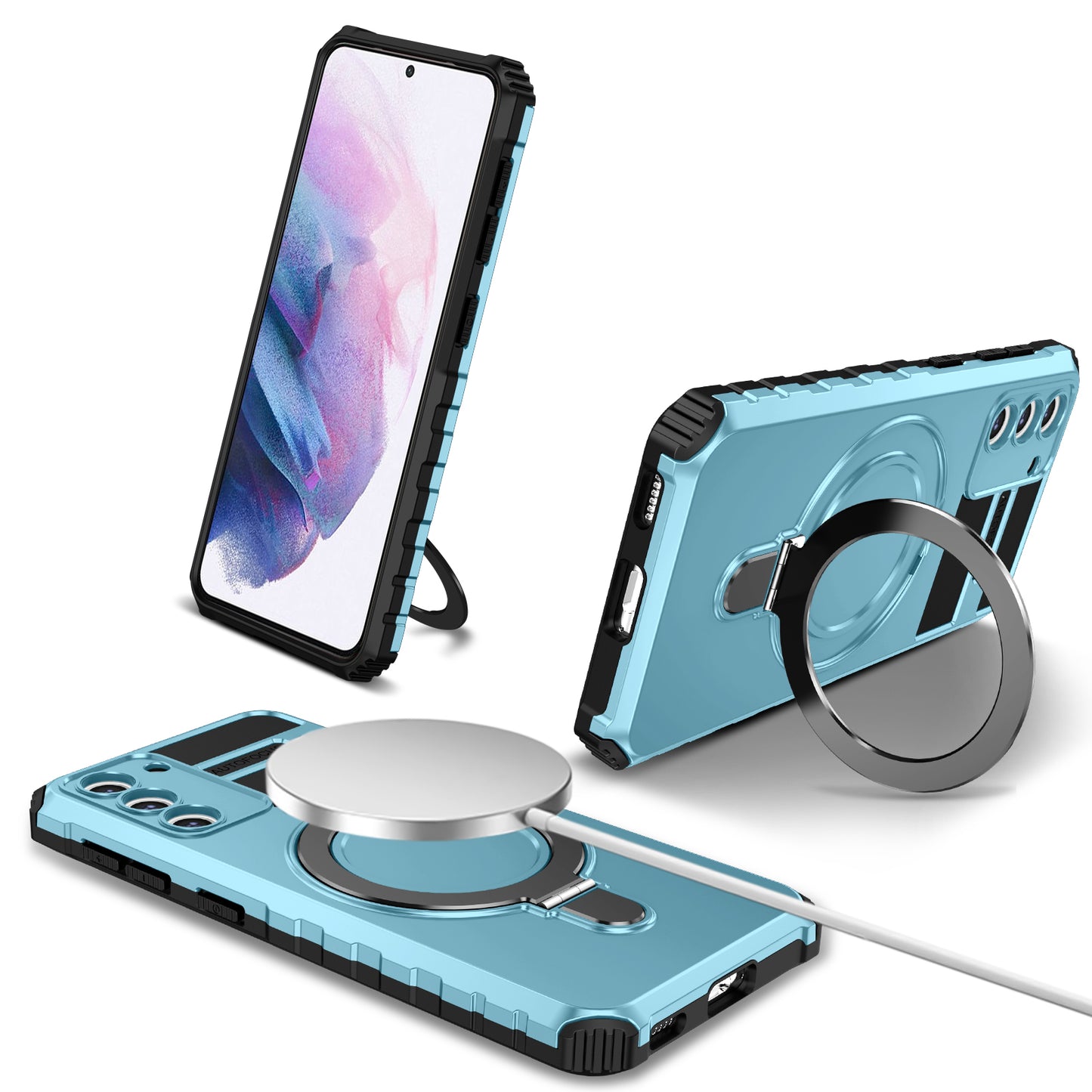 Uniqkart for Samsung Galaxy S21 5G Magnetic Kickstand Phone Case PC+TPU Hybrid Shockproof Cover - Baby Blue