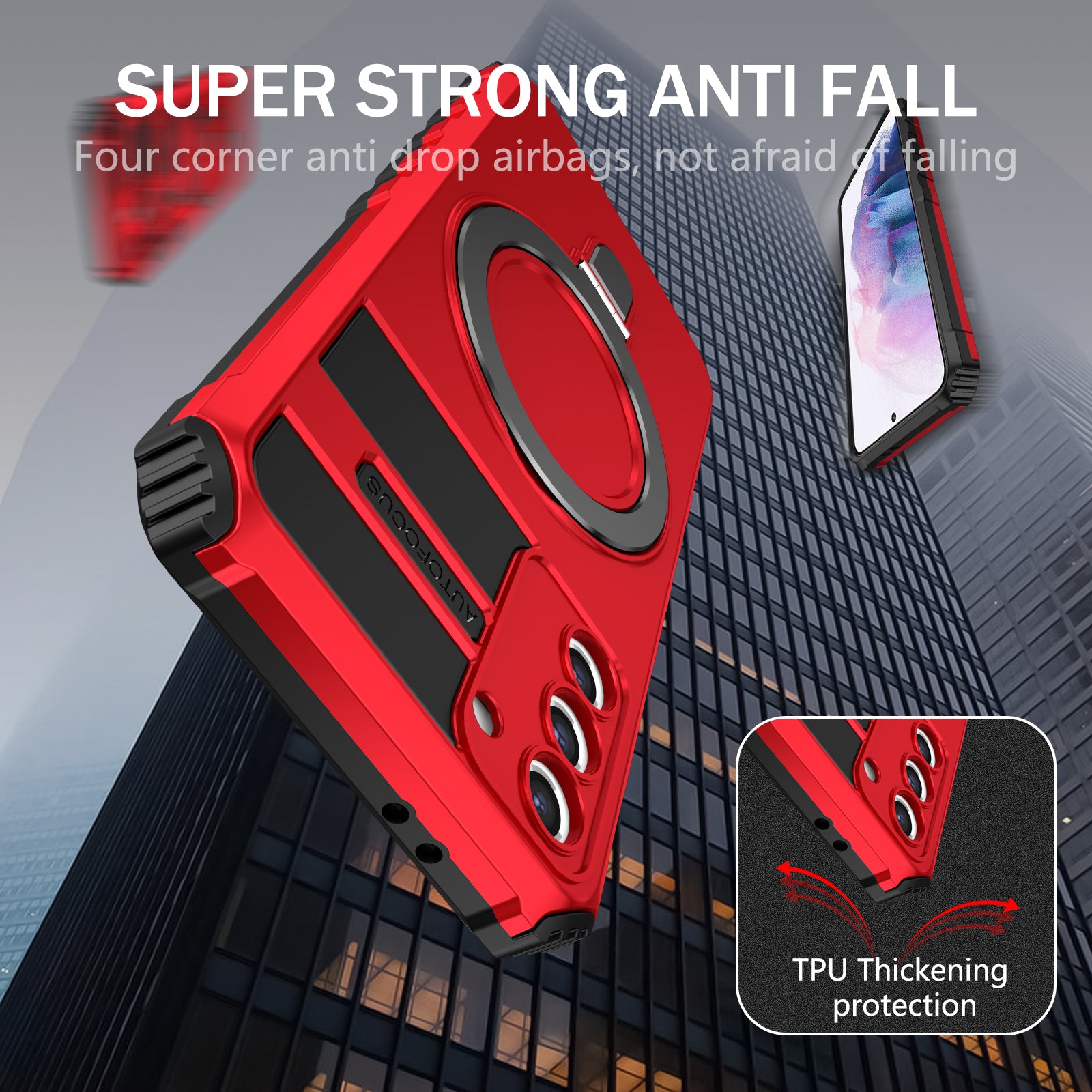 Uniqkart for Samsung Galaxy S21 5G Magnetic Kickstand Phone Case PC+TPU Hybrid Shockproof Cover - Red