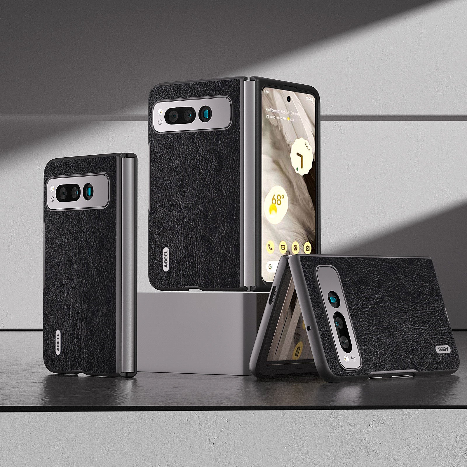 Uniqkart for Google Pixel Fold PU Leather+PC Phone Case Litchi Retro Texture Protective Cover - Black