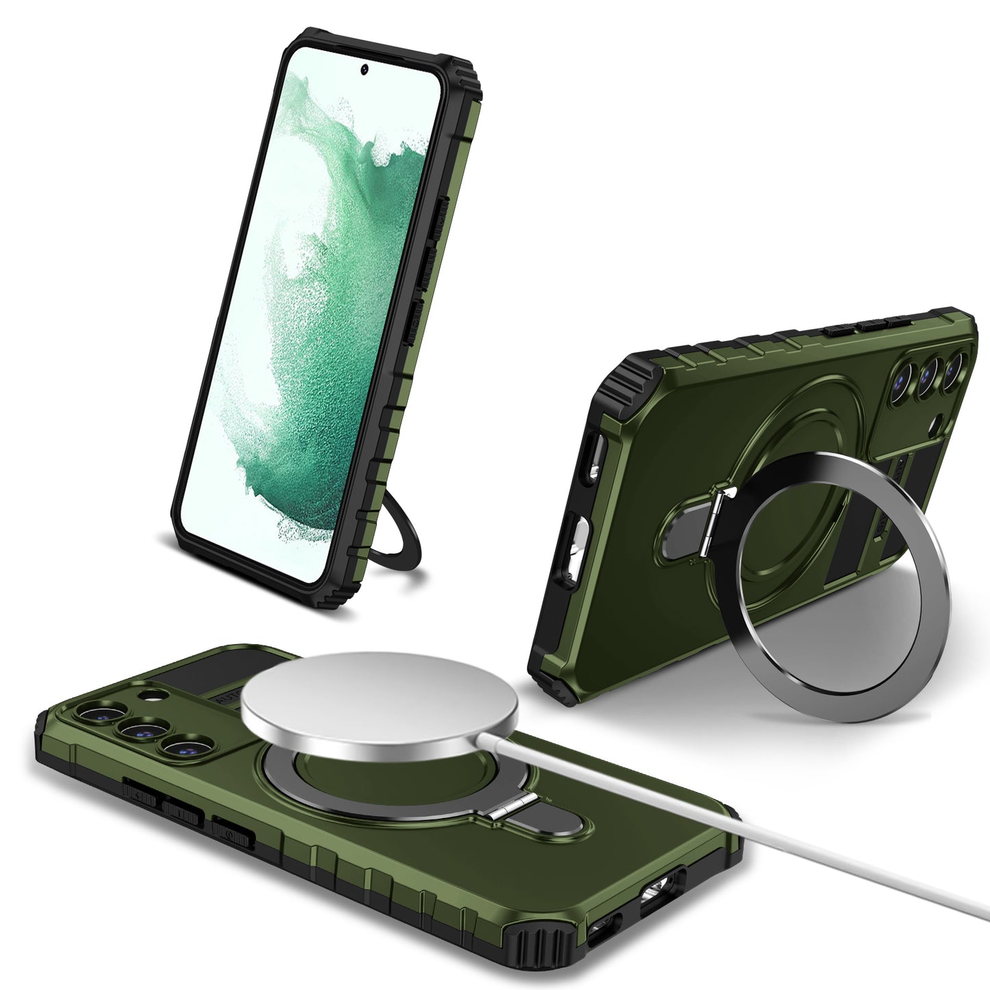 Uniqkart for Samsung Galaxy S22+ 5G Magnetic Phone Case Kickstand PC+TPU Anti-Scratch Cover - Green