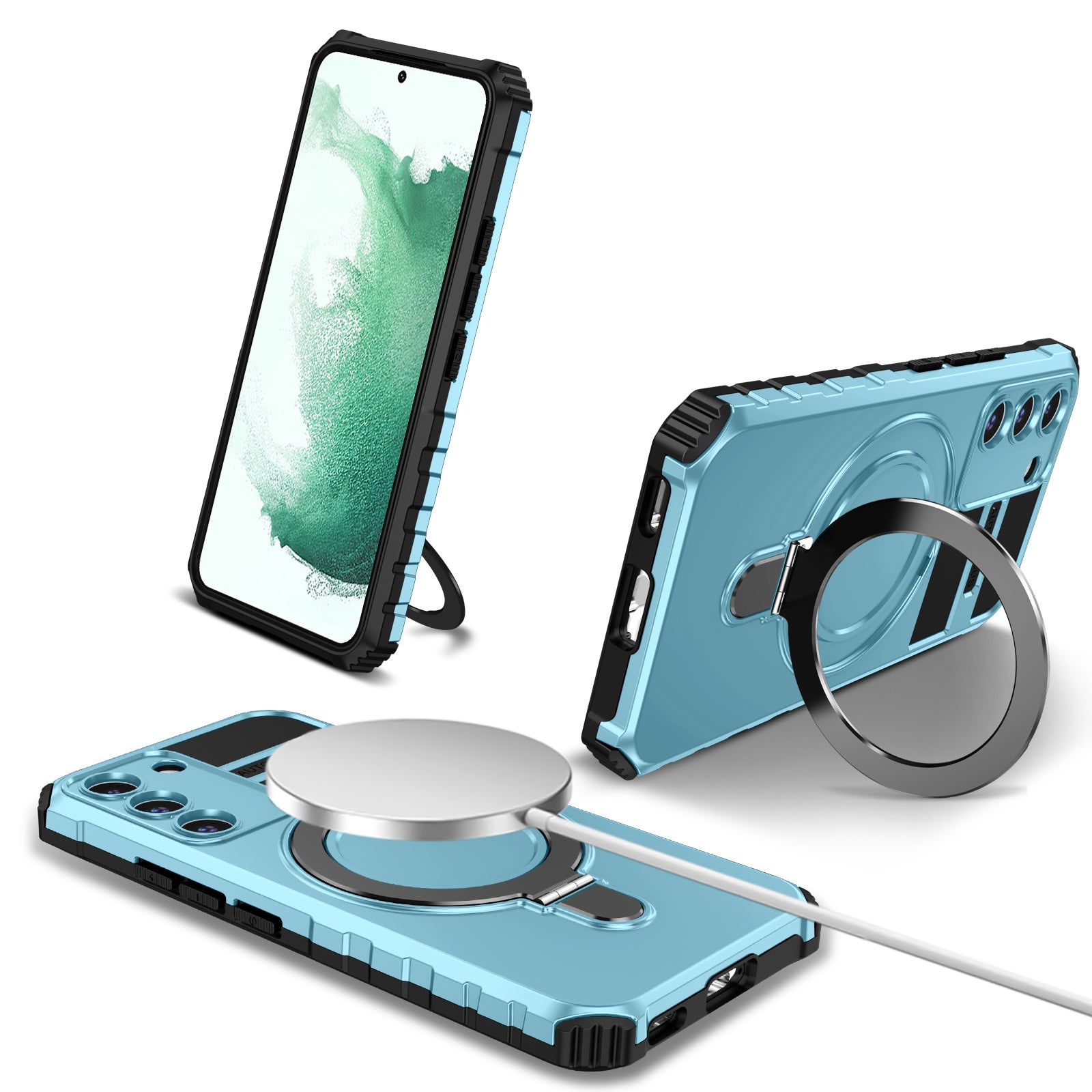 Uniqkart for Samsung Galaxy S22+ 5G Magnetic Phone Case Kickstand PC+TPU Anti-Scratch Cover - Baby Blue