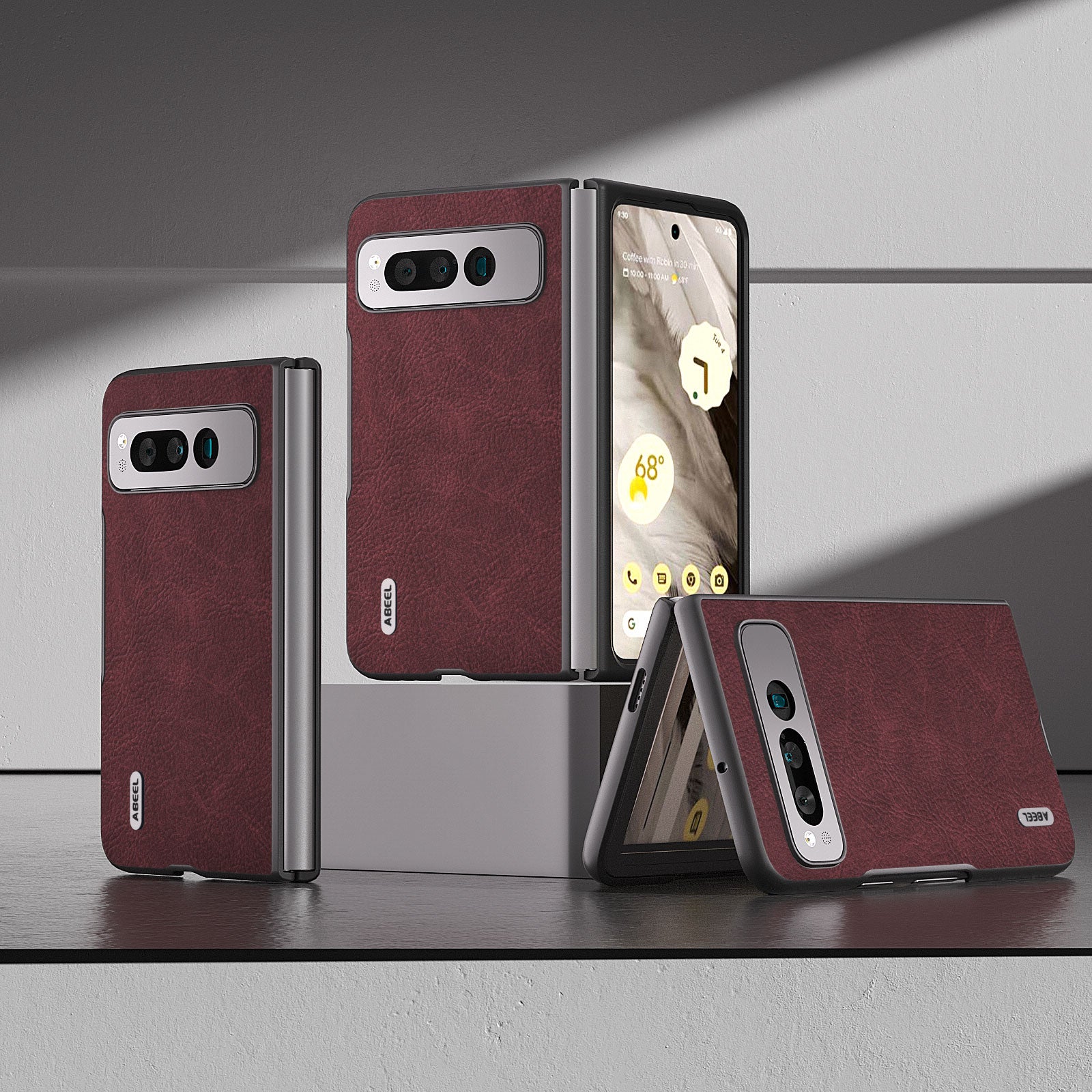 Uniqkart for Google Pixel Fold Shockproof Cover PU Leather + PC Litchi Texture Phone Case - Purplish Red