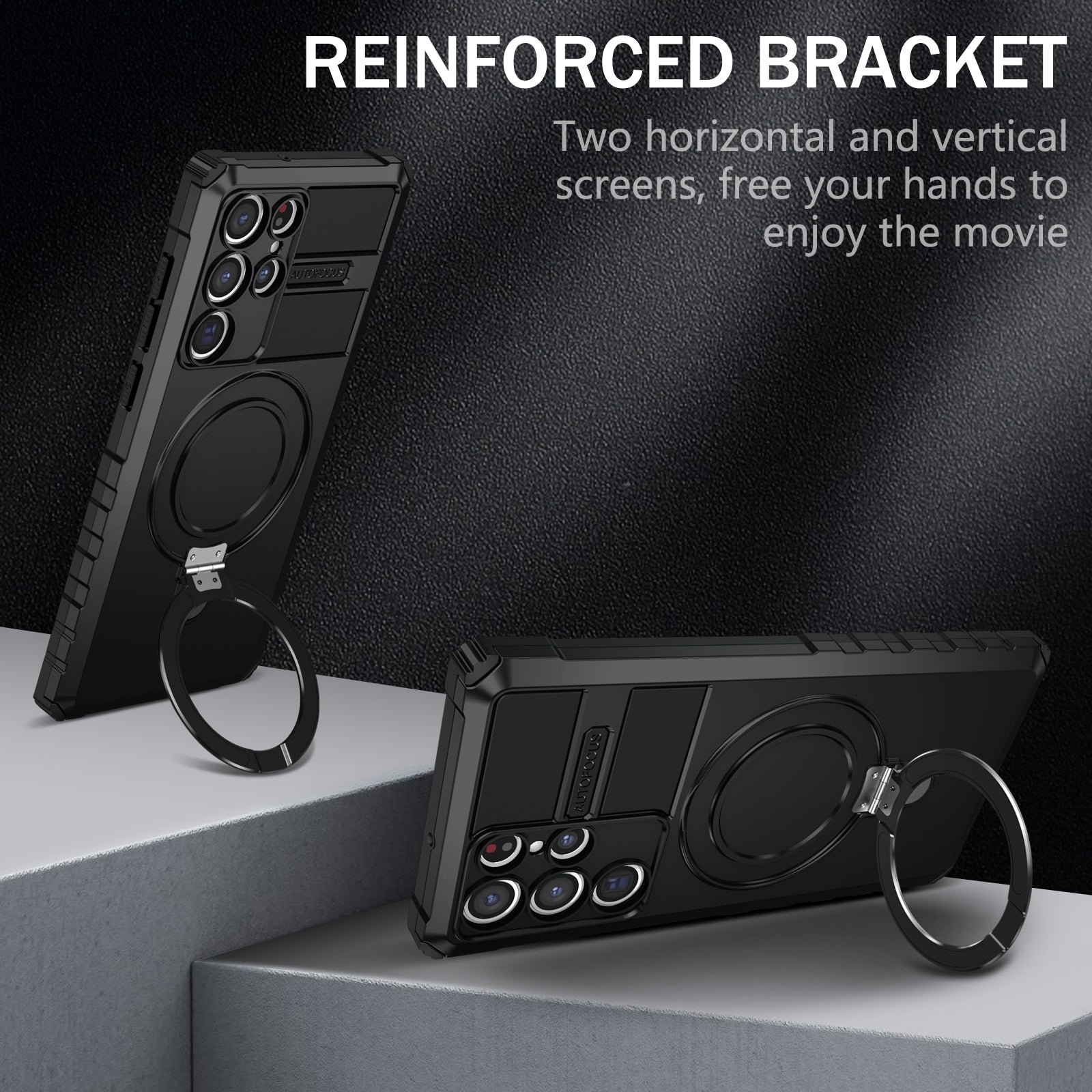 Uniqkart for Samsung Galaxy S22 Ultra 5G PC+TPU Shockproof Case Magnetic Phone Cover with Ring Kickstand - Black