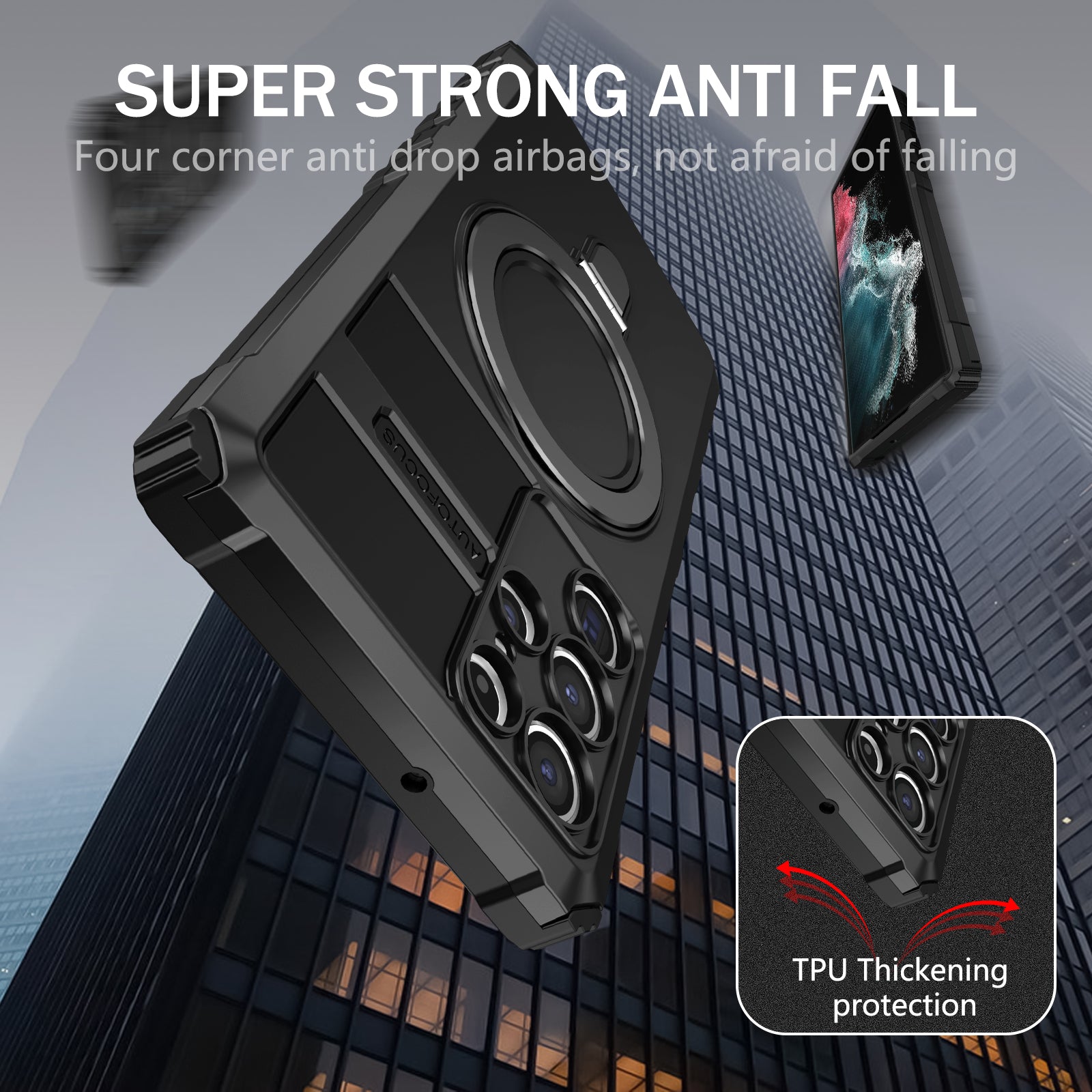Uniqkart for Samsung Galaxy S22 Ultra 5G PC+TPU Shockproof Case Magnetic Phone Cover with Ring Kickstand - Black