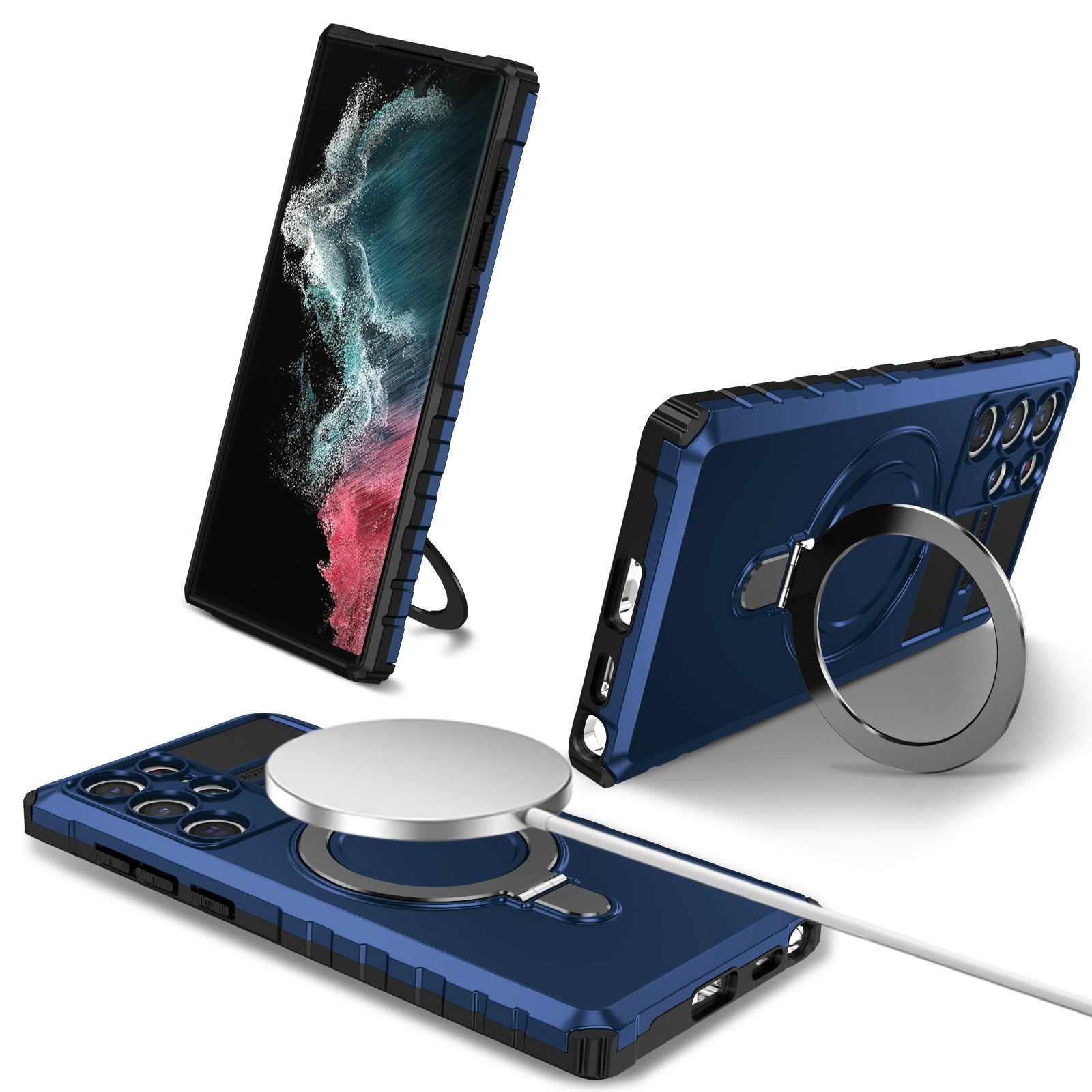 Uniqkart for Samsung Galaxy S22 Ultra 5G PC+TPU Shockproof Case Magnetic Phone Cover with Ring Kickstand - Blue
