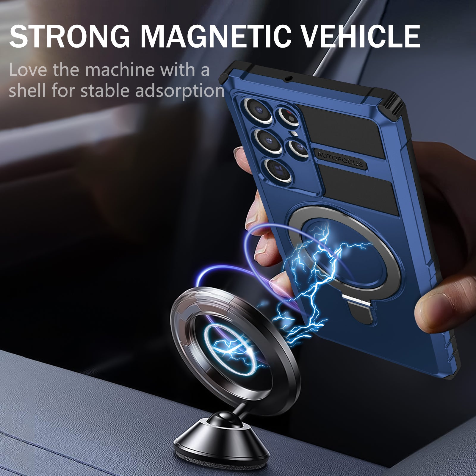 Uniqkart for Samsung Galaxy S22 Ultra 5G PC+TPU Shockproof Case Magnetic Phone Cover with Ring Kickstand - Blue
