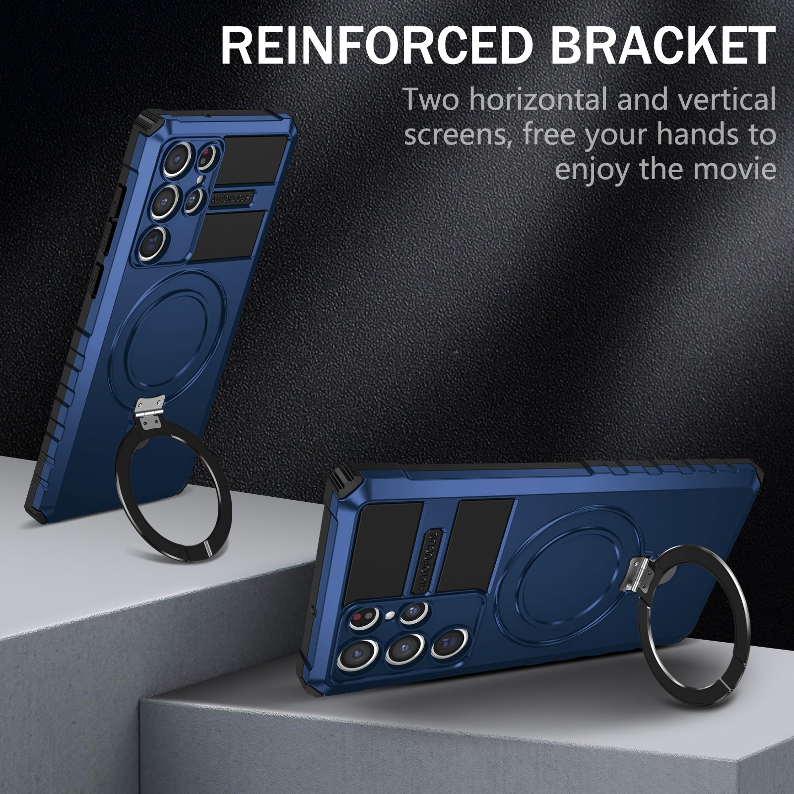 Uniqkart for Samsung Galaxy S22 Ultra 5G PC+TPU Shockproof Case Magnetic Phone Cover with Ring Kickstand - Blue