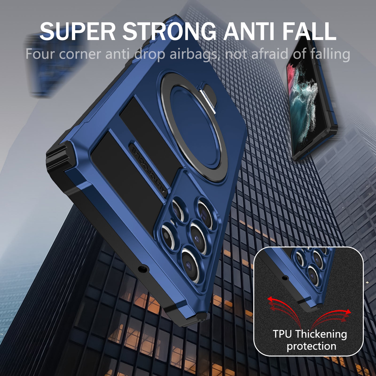 Uniqkart for Samsung Galaxy S22 Ultra 5G PC+TPU Shockproof Case Magnetic Phone Cover with Ring Kickstand - Blue