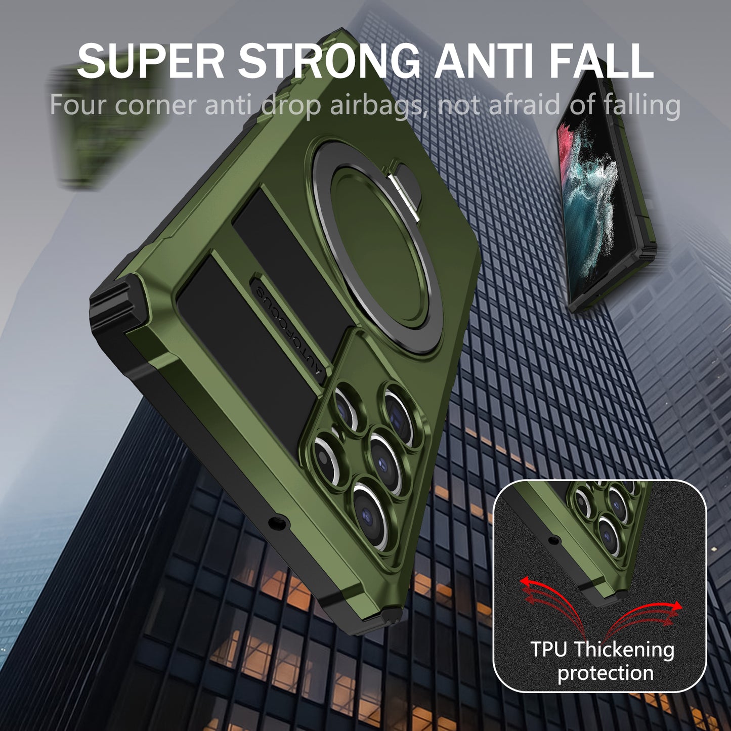 Uniqkart for Samsung Galaxy S22 Ultra 5G PC+TPU Shockproof Case Magnetic Phone Cover with Ring Kickstand - Green