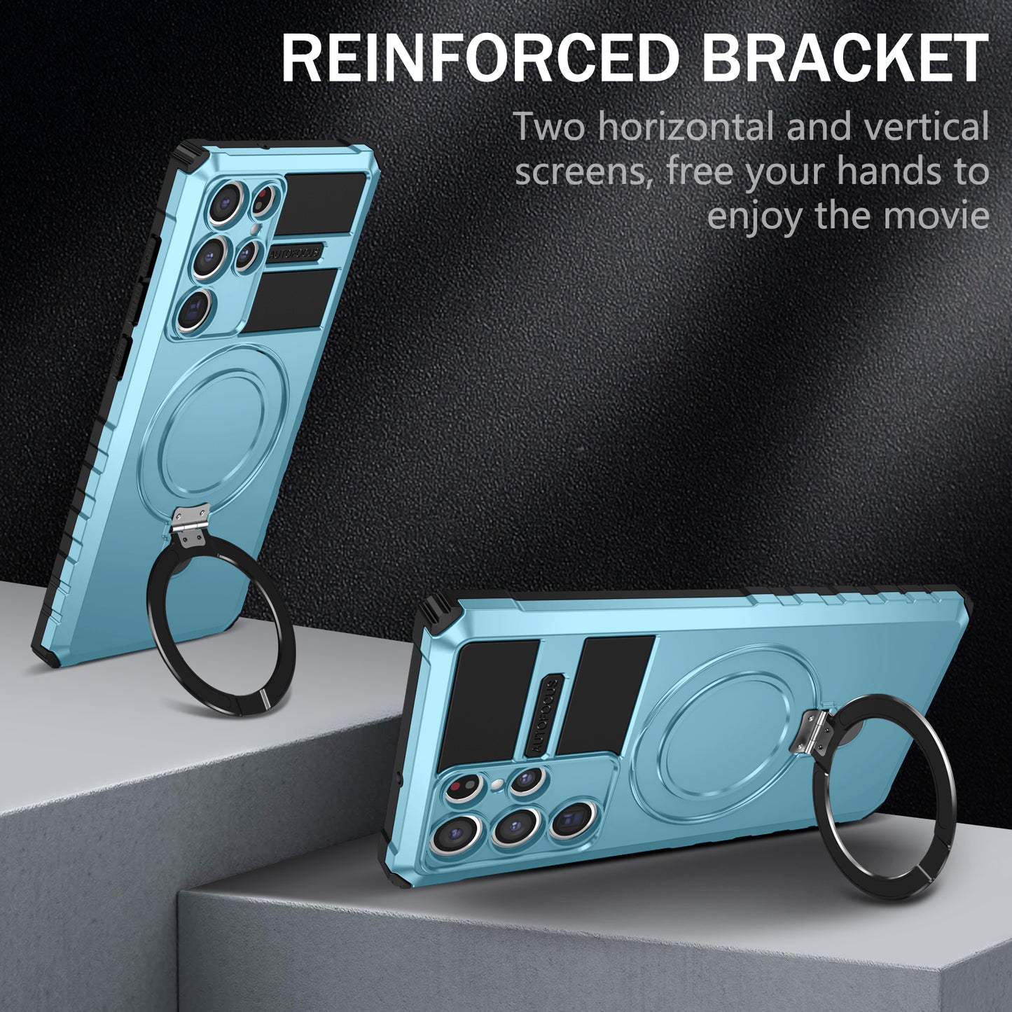 Uniqkart for Samsung Galaxy S22 Ultra 5G PC+TPU Shockproof Case Magnetic Phone Cover with Ring Kickstand - Baby Blue