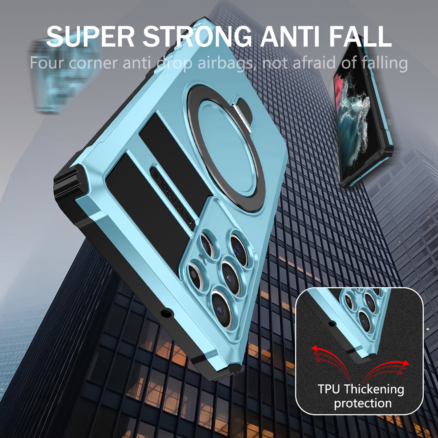 Uniqkart for Samsung Galaxy S22 Ultra 5G PC+TPU Shockproof Case Magnetic Phone Cover with Ring Kickstand - Baby Blue
