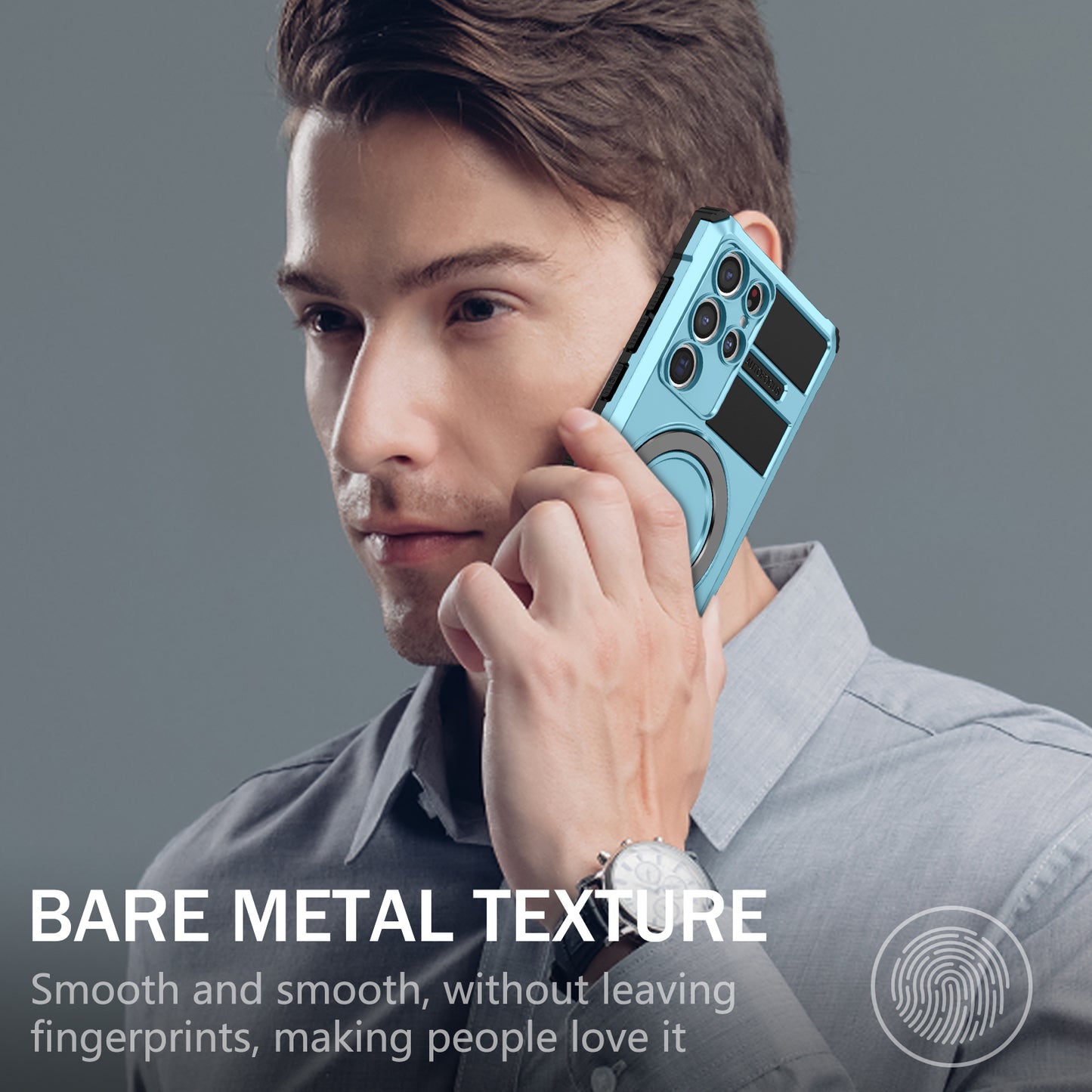 Uniqkart for Samsung Galaxy S22 Ultra 5G PC+TPU Shockproof Case Magnetic Phone Cover with Ring Kickstand - Baby Blue