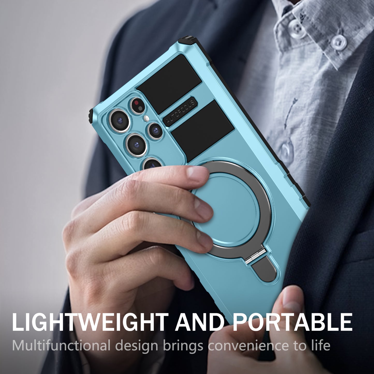 Uniqkart for Samsung Galaxy S22 Ultra 5G PC+TPU Shockproof Case Magnetic Phone Cover with Ring Kickstand - Baby Blue