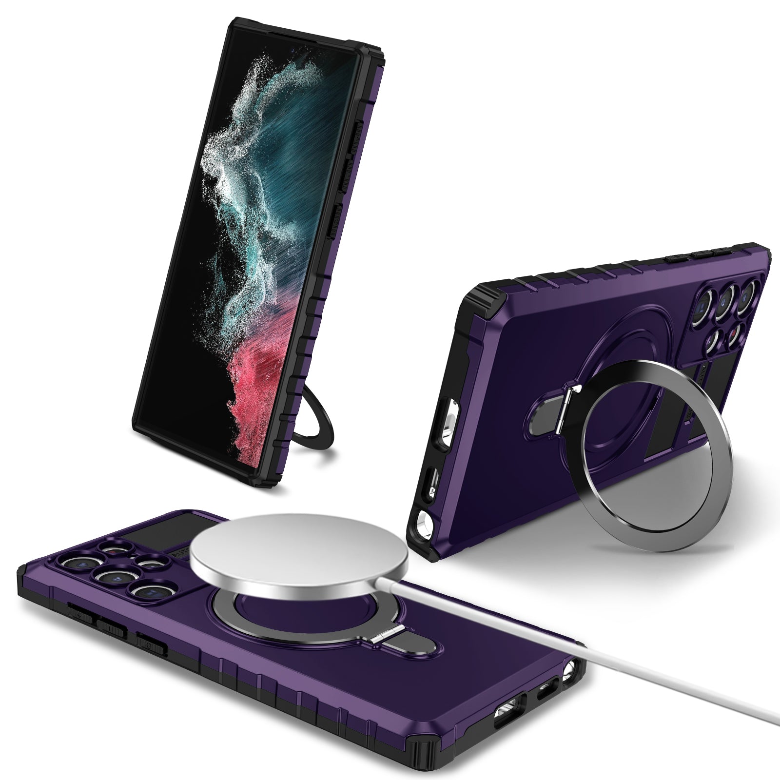 Uniqkart for Samsung Galaxy S22 Ultra 5G PC+TPU Shockproof Case Magnetic Phone Cover with Ring Kickstand - Purple