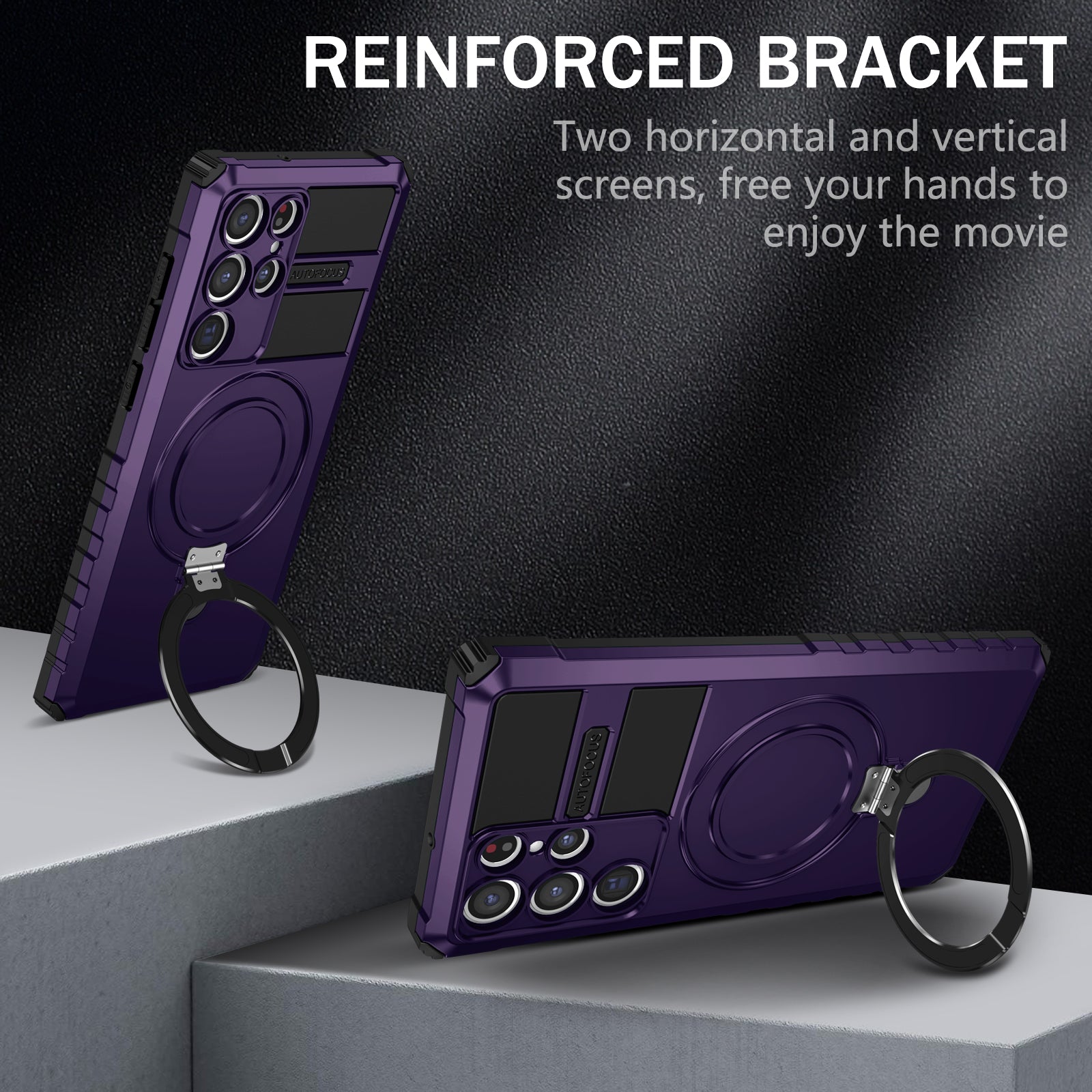 Uniqkart for Samsung Galaxy S22 Ultra 5G PC+TPU Shockproof Case Magnetic Phone Cover with Ring Kickstand - Purple