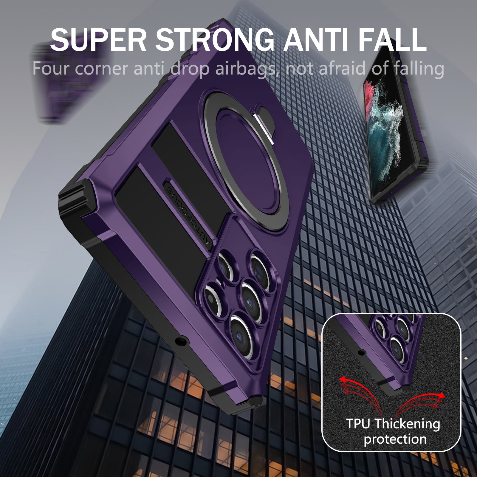 Uniqkart for Samsung Galaxy S22 Ultra 5G PC+TPU Shockproof Case Magnetic Phone Cover with Ring Kickstand - Purple