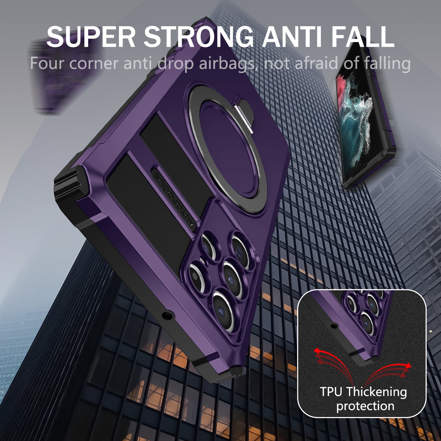 Uniqkart for Samsung Galaxy S22 Ultra 5G PC+TPU Shockproof Case Magnetic Phone Cover with Ring Kickstand - Purple