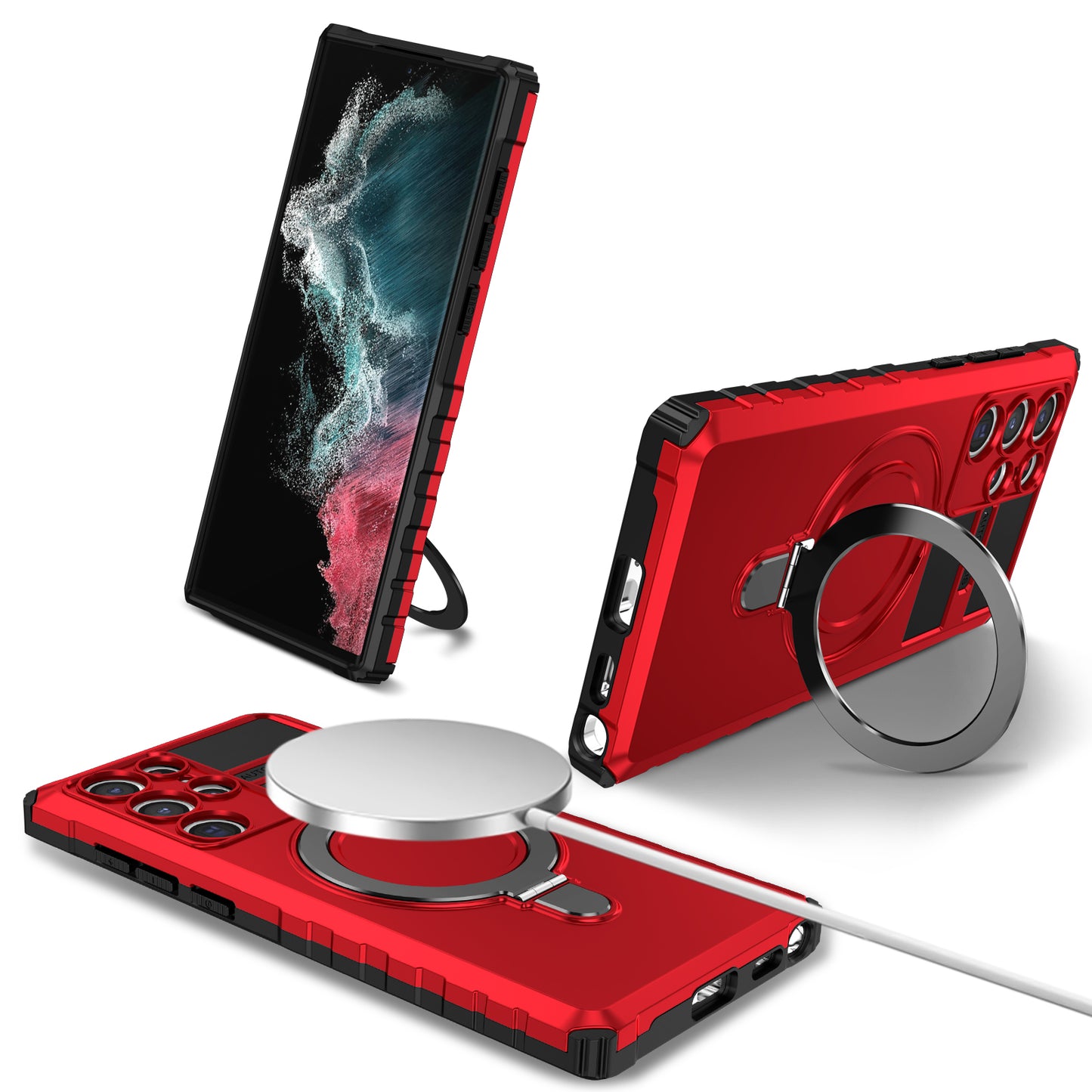 Uniqkart for Samsung Galaxy S22 Ultra 5G PC+TPU Shockproof Case Magnetic Phone Cover with Ring Kickstand - Red