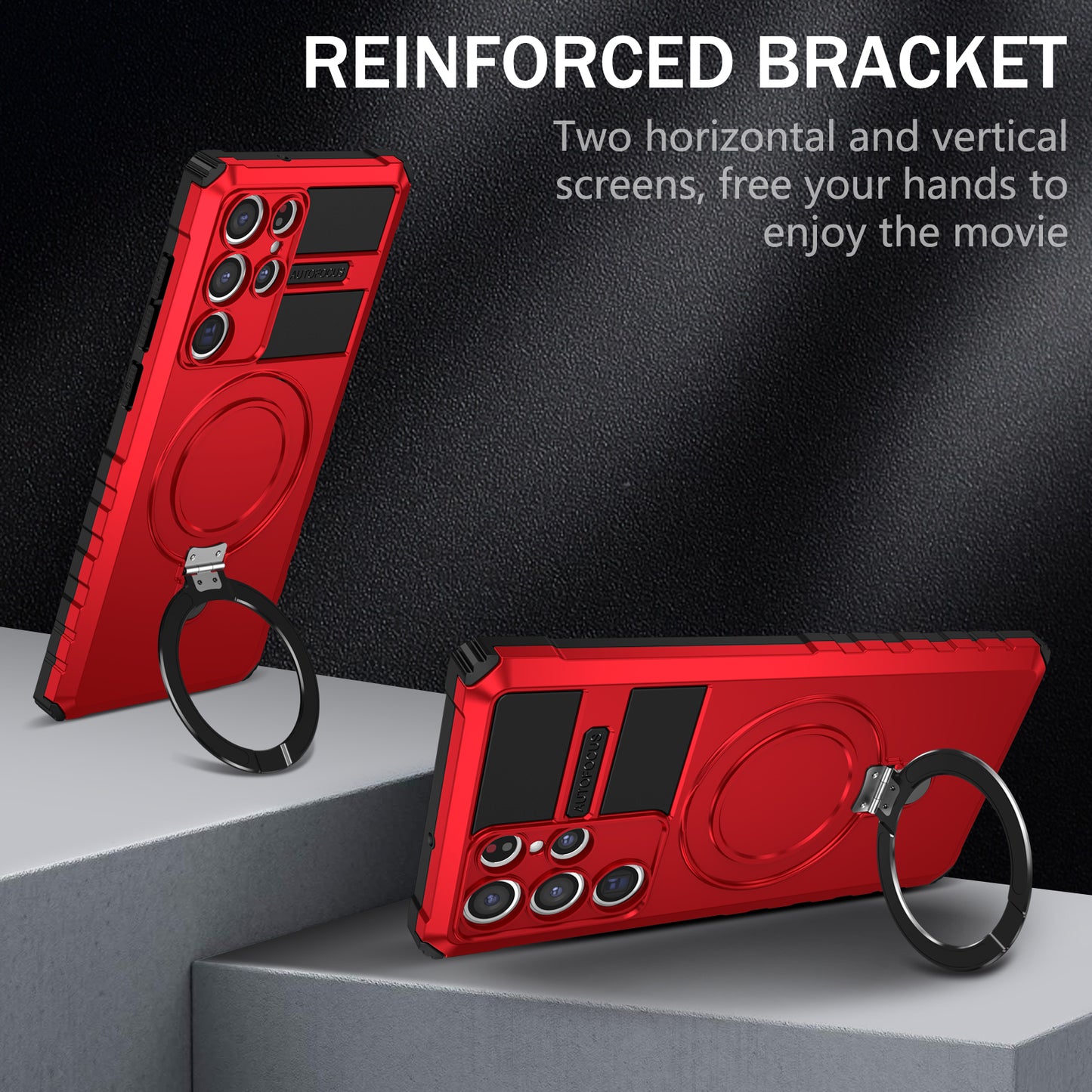 Uniqkart for Samsung Galaxy S22 Ultra 5G PC+TPU Shockproof Case Magnetic Phone Cover with Ring Kickstand - Red