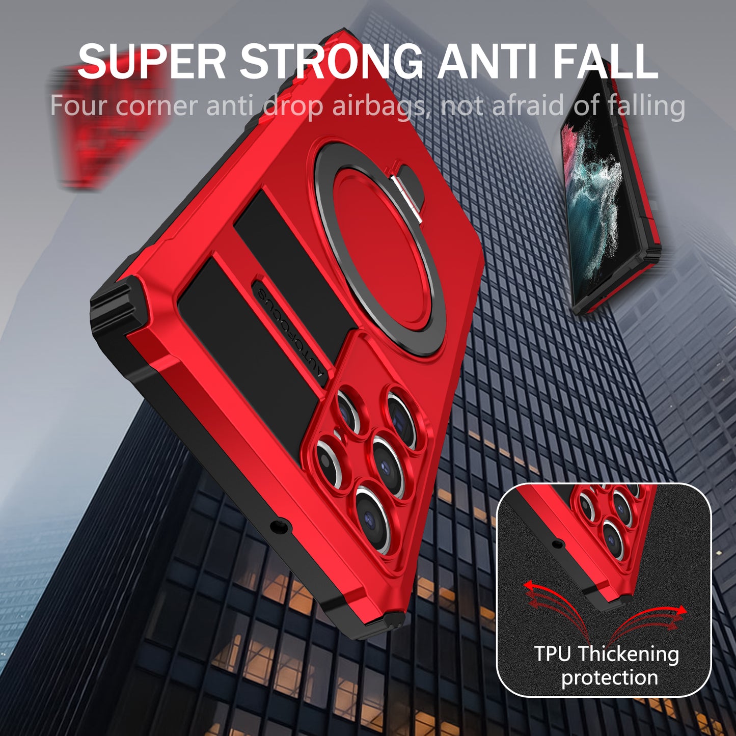 Uniqkart for Samsung Galaxy S22 Ultra 5G PC+TPU Shockproof Case Magnetic Phone Cover with Ring Kickstand - Red
