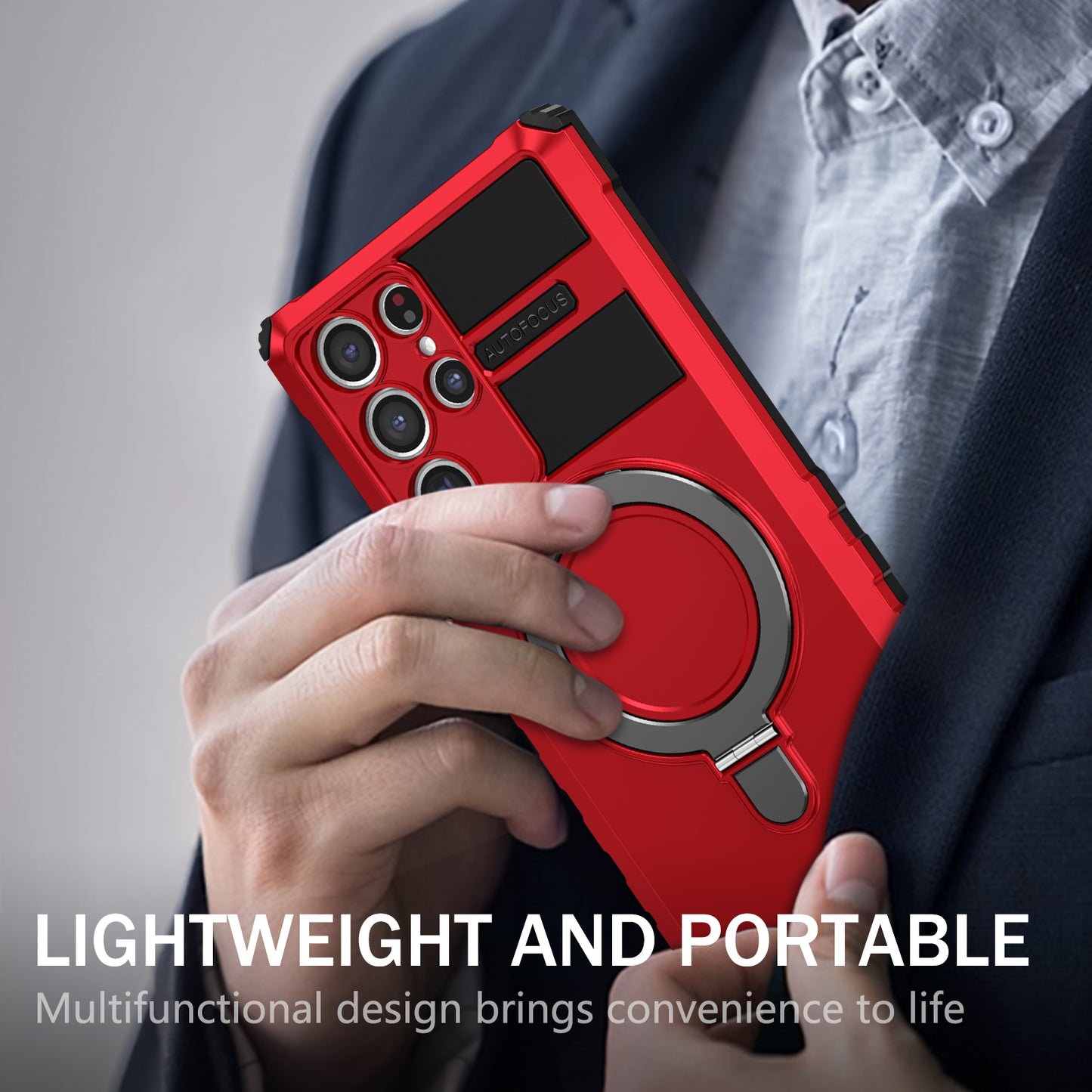 Uniqkart for Samsung Galaxy S22 Ultra 5G PC+TPU Shockproof Case Magnetic Phone Cover with Ring Kickstand - Red