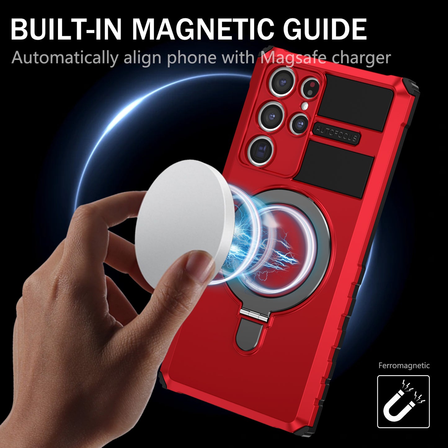 Uniqkart for Samsung Galaxy S22 Ultra 5G PC+TPU Shockproof Case Magnetic Phone Cover with Ring Kickstand - Red