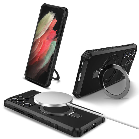 Uniqkart for Samsung Galaxy S21 Ultra 5G Magnetic Kickstand Case PC+TPU Scratch Resistant Phone Cover - Black