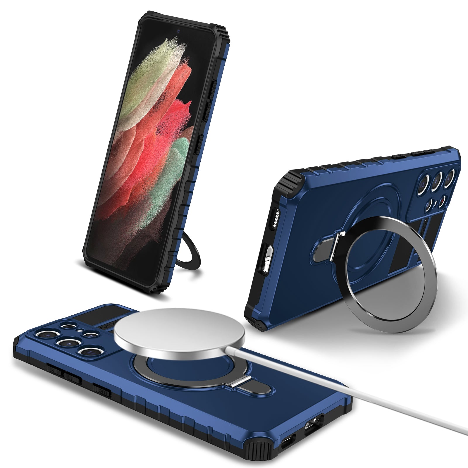 Uniqkart for Samsung Galaxy S21 Ultra 5G Magnetic Kickstand Case PC+TPU Scratch Resistant Phone Cover - Blue